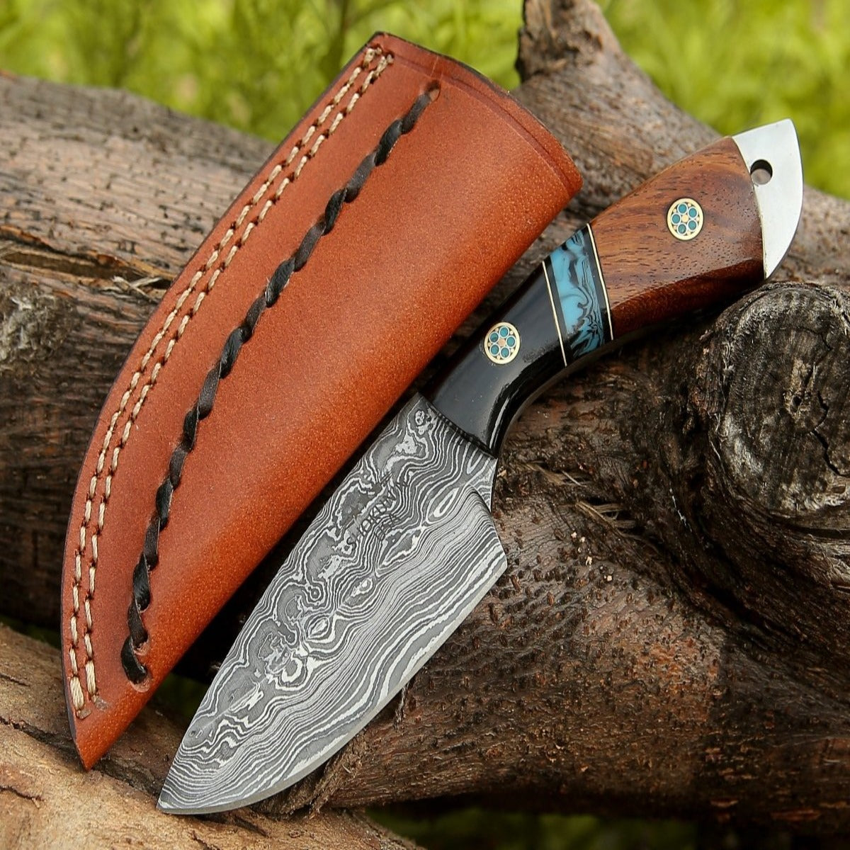 Premium Damascus Steel Skinning Knife with Exotic Rosewood & Resin Handle - Hunting, Outdoor Survival, and Bushcraft Essential Tool