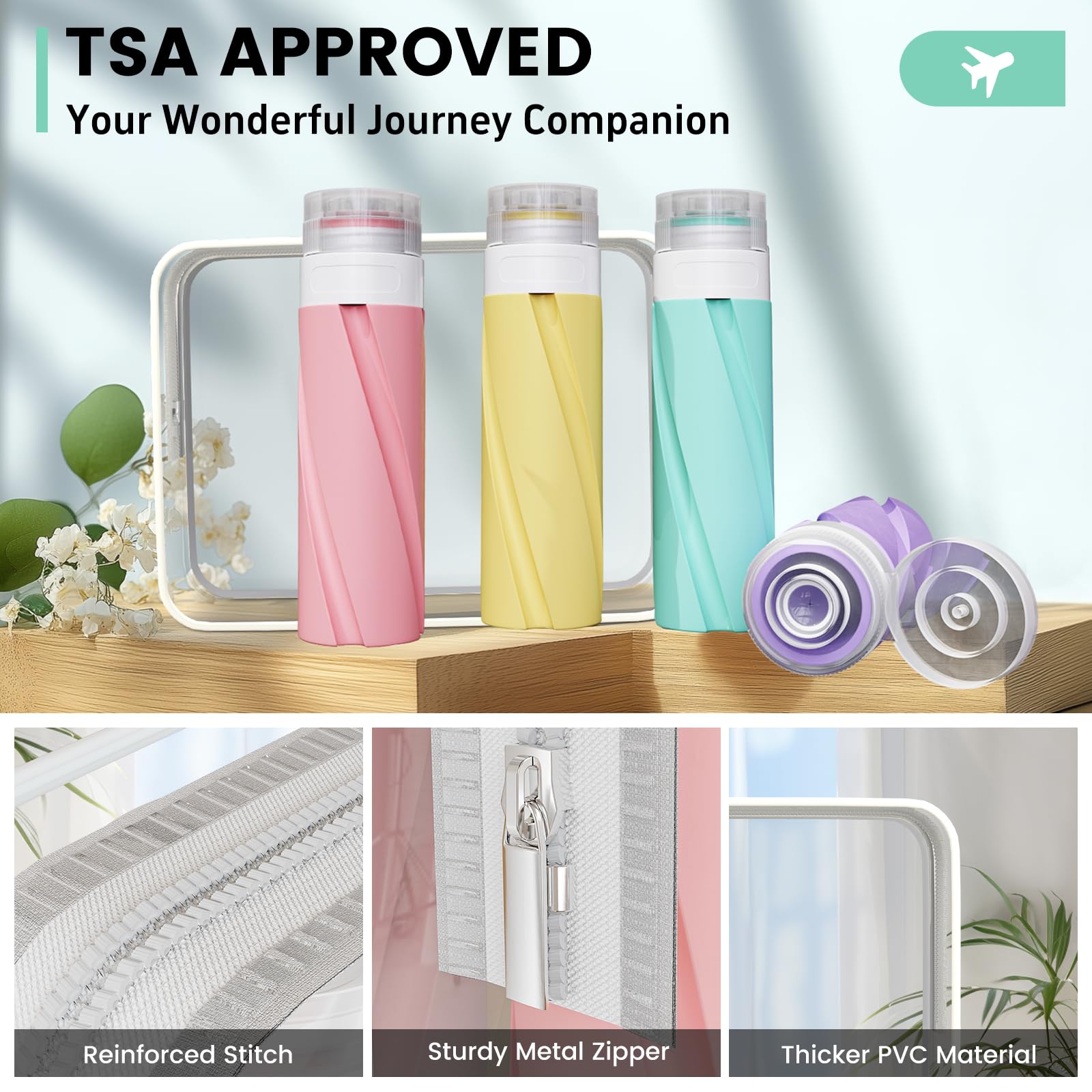 4 Pack TSA Approved Silicone Travel Bottles for Toiletries - 3.4oz Leak Proof Shampoo & Conditioner Containers | Refillable Travel Size Essentials for Airplane, Gym, Camping & Vacation