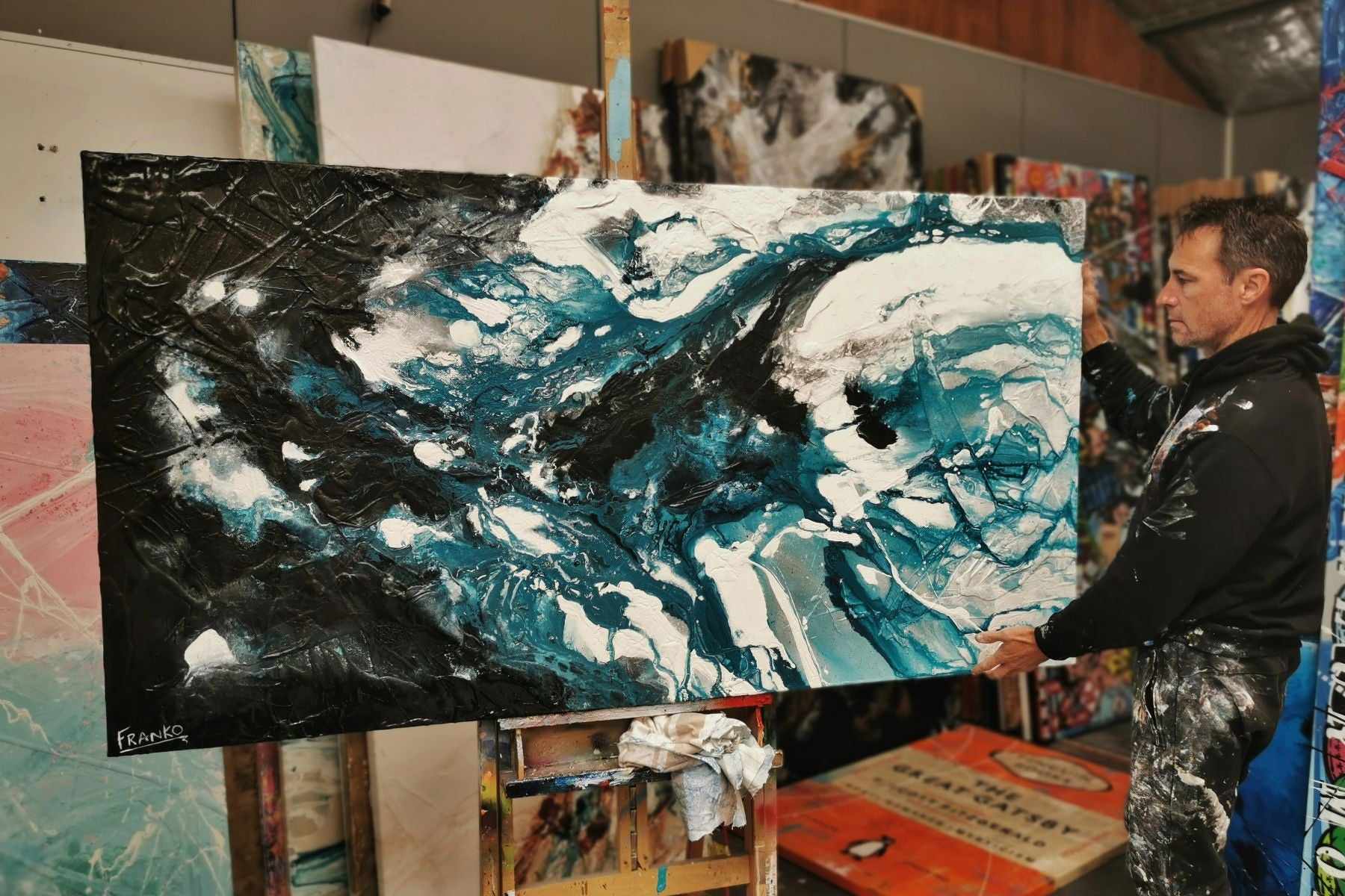 Deep Southern 190cm x 100cm Teal Black Textured Abstract Canvas Art - Perfect for Living Room, Bedroom or Office Wall Decor
