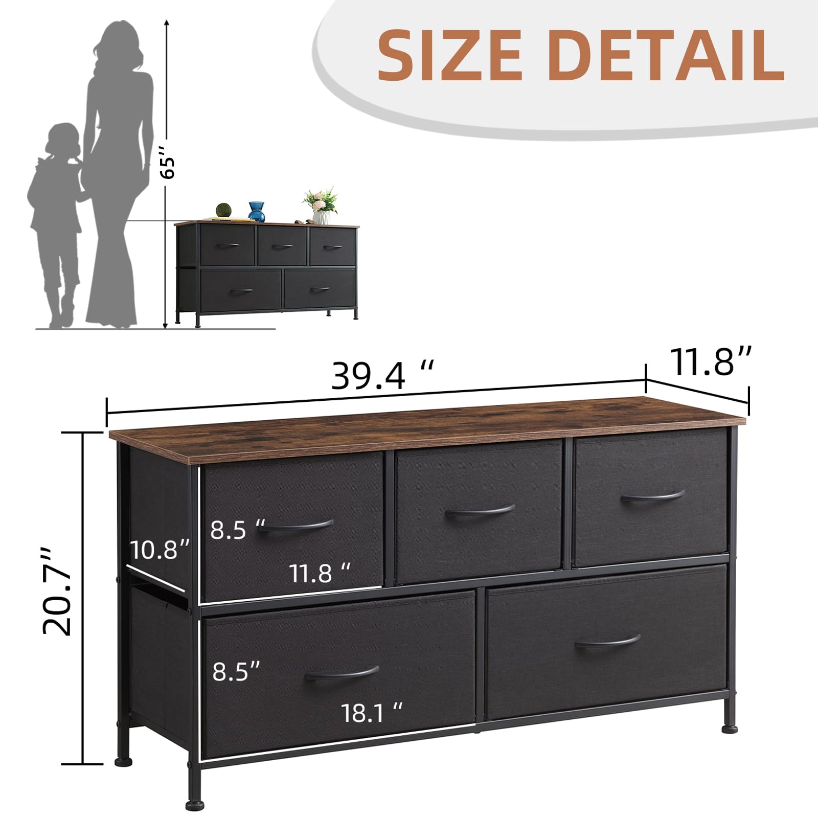 5-Drawer Dresser for Bedroom - Wide Storage Chest with Removable Fabric Bins - Black Dresser Organizer for Closet, Nursery, Living Room, Laundry & Entryway - Perfect for Small Space Organization & Home Decor