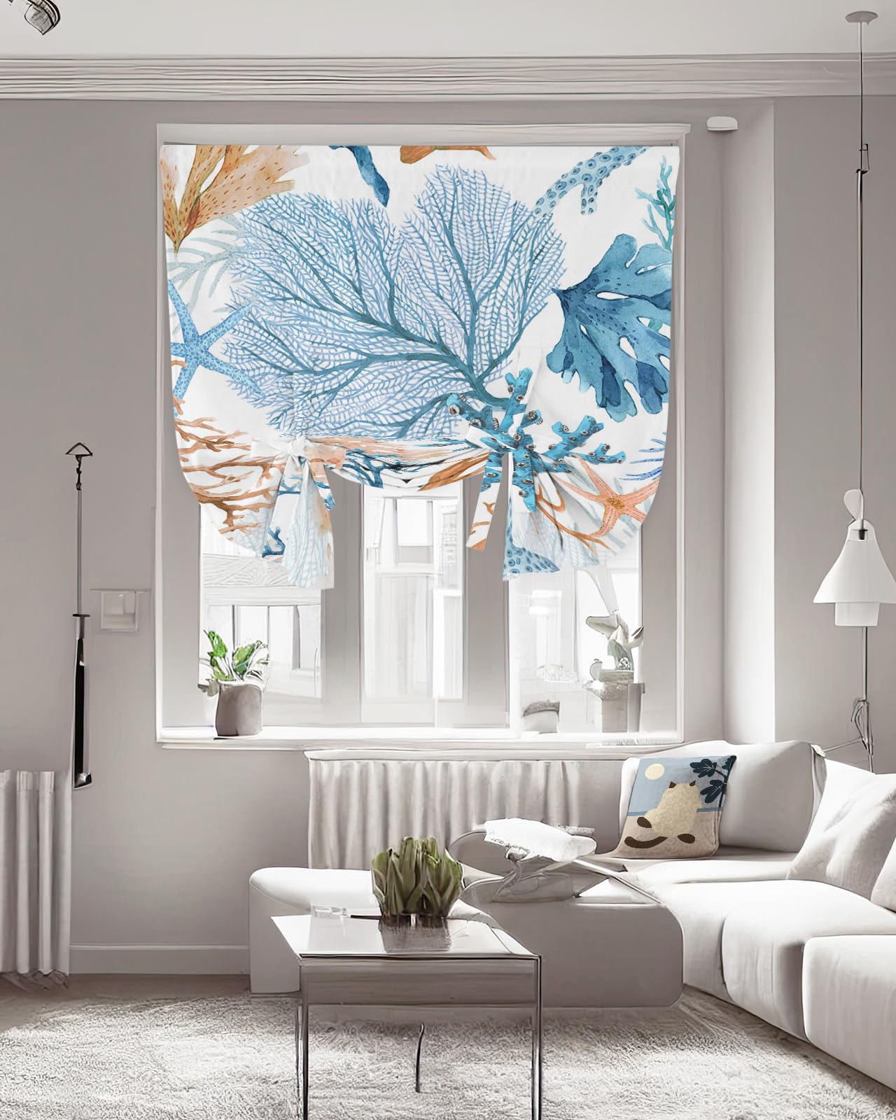 DecorLovee 63 Inch Sea Coral Tie Up Curtains - Adjustable Balloon Shades for Indoor Windows, Thermal Insulated Kitchen Drapes in Ocean Teal & Brown (42x63 Inch) | Perfect for Beach House Decor, Coastal Living Rooms & Summer Window Treatments