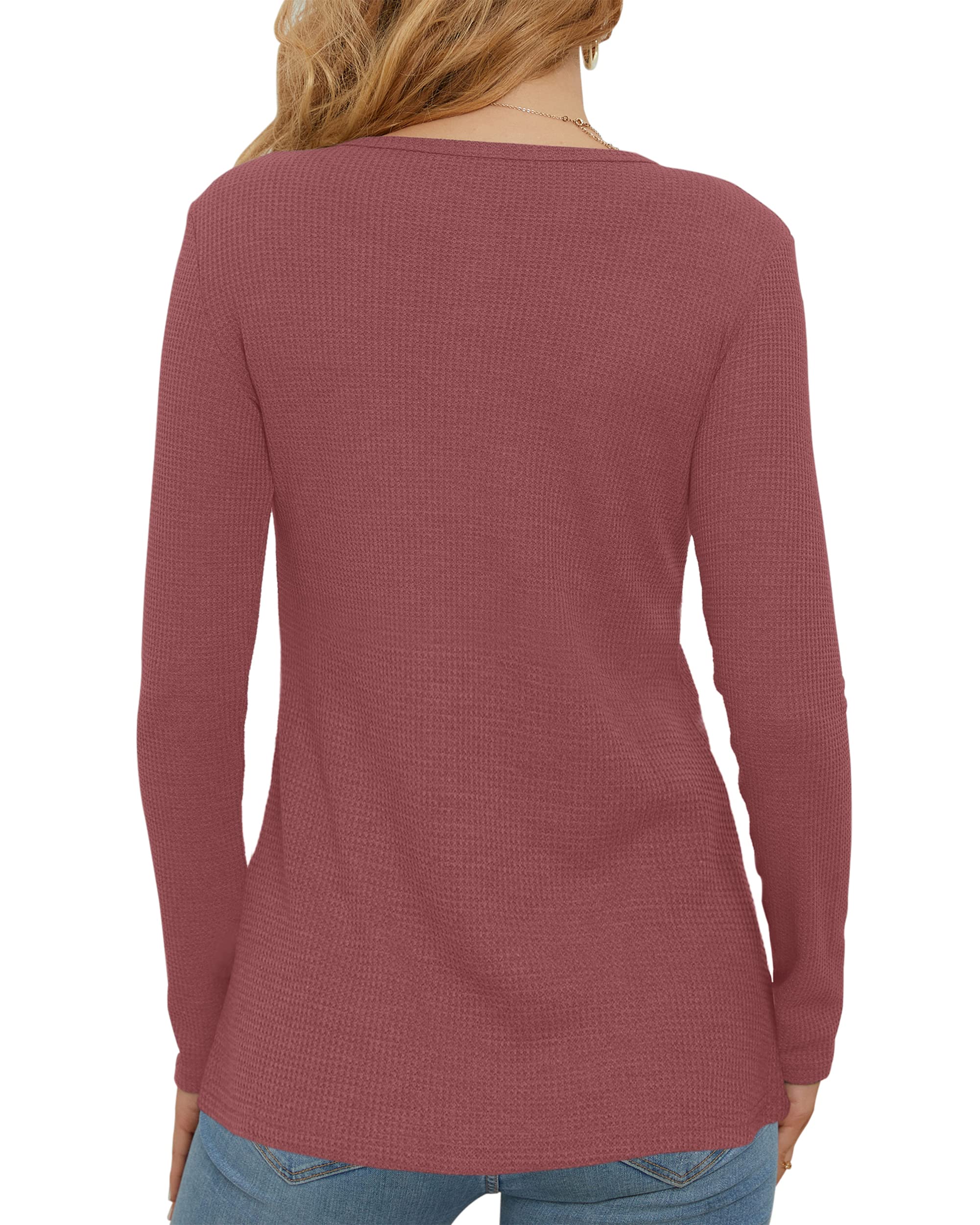 WNEEDU Women's Slim Fit Waffle Knit Long Sleeve Henley Shirt - Casual Button Down V-Neck Blouse for Work, Date Night & Fall Layering