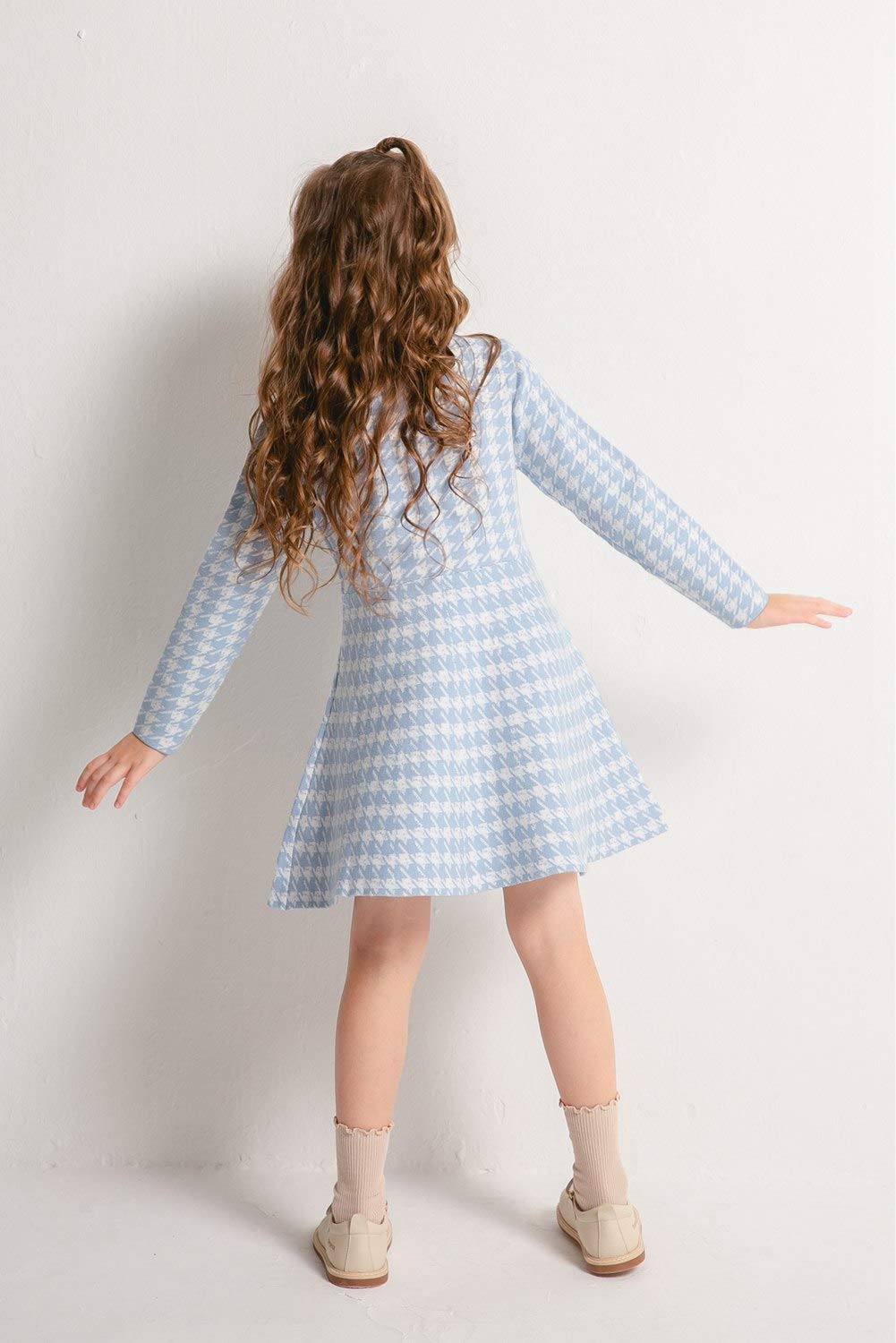 SMILING PINKER Girls Winter Knit Dress - Houndstooth Pattern Mock Neck Flare Sweater Dress for Toddlers | Warm & Stylish Outfit for Holiday Parties, Christmas Photos & School Events