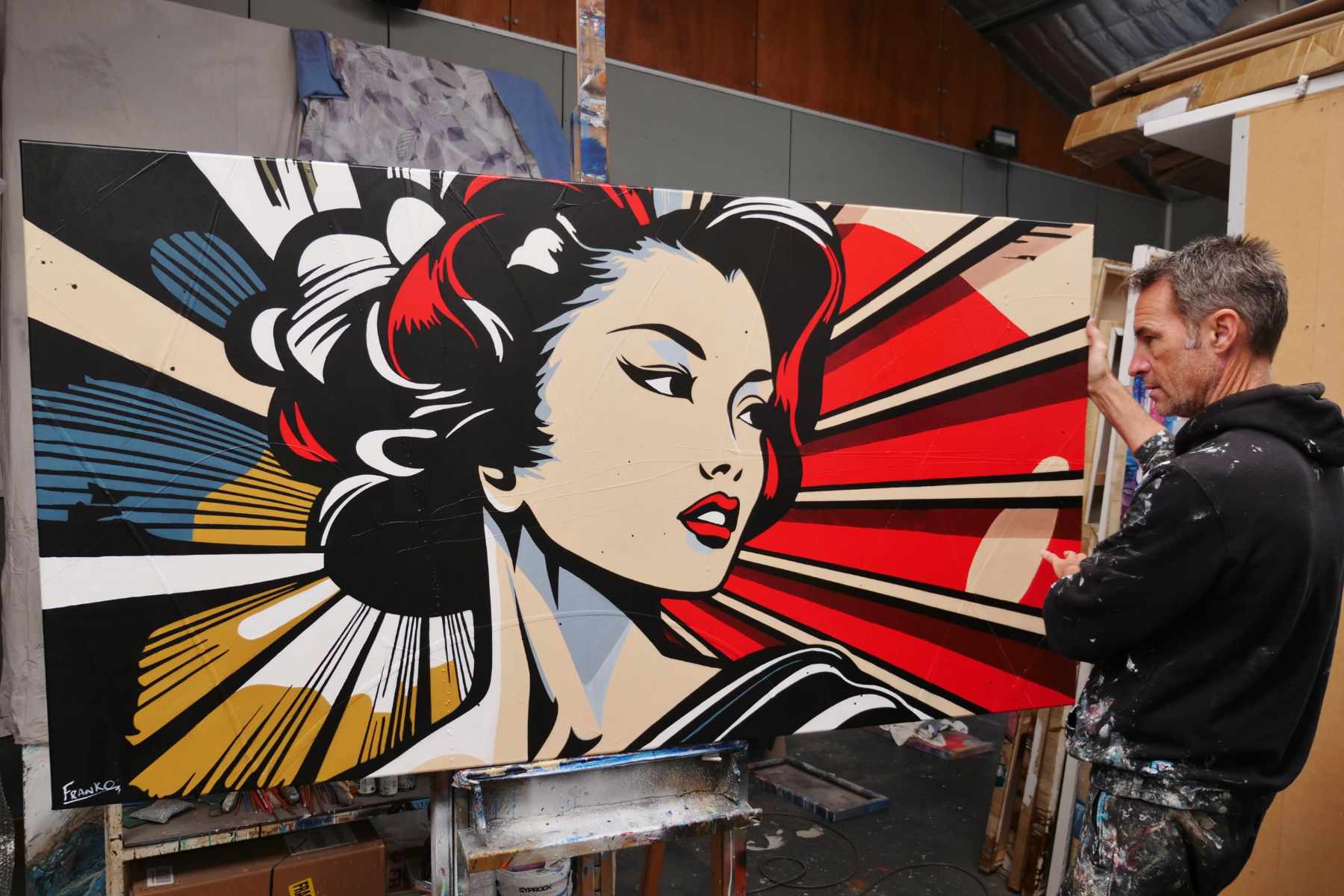 Japanese Geisha Textured Urban Pop Art Painting - 190cm x 100cm Large Wall Decor for Living Room, Bedroom & Office | Akane Modern Canvas Art