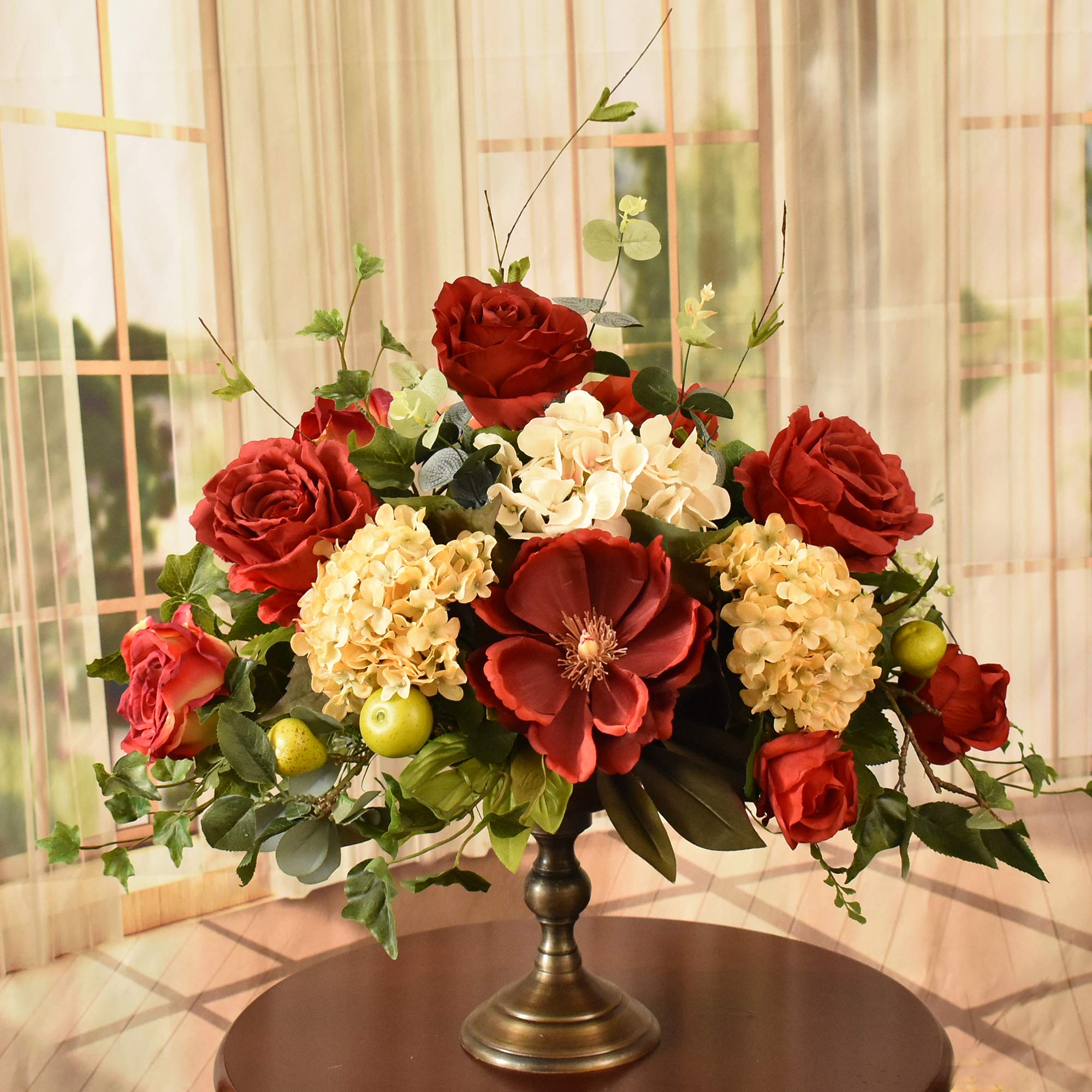 Elegant Rose and Hydrangea Silk Floral Arrangement in Pedestal Vase - Perfect for Wedding Centerpieces, Home Decor, and Dining Table Decorations