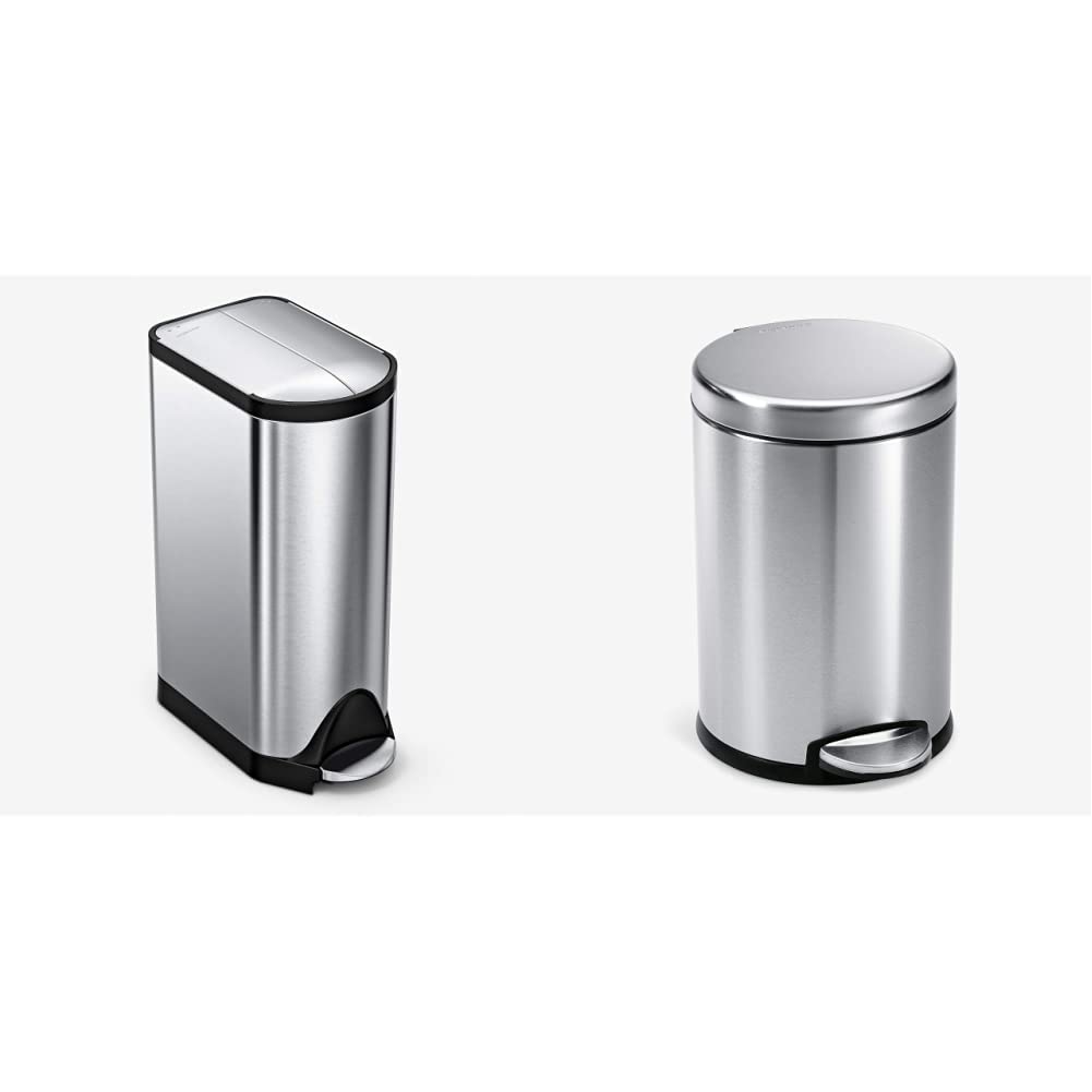 simplehuman 30L/8G Butterfly Lid Kitchen Step Trash Can & 4.5L/1.2G Round Bathroom Step Trash Can - Brushed Stainless Steel Combo Set | Perfect for Modern Kitchens & Bathrooms with Hands-Free Convenience