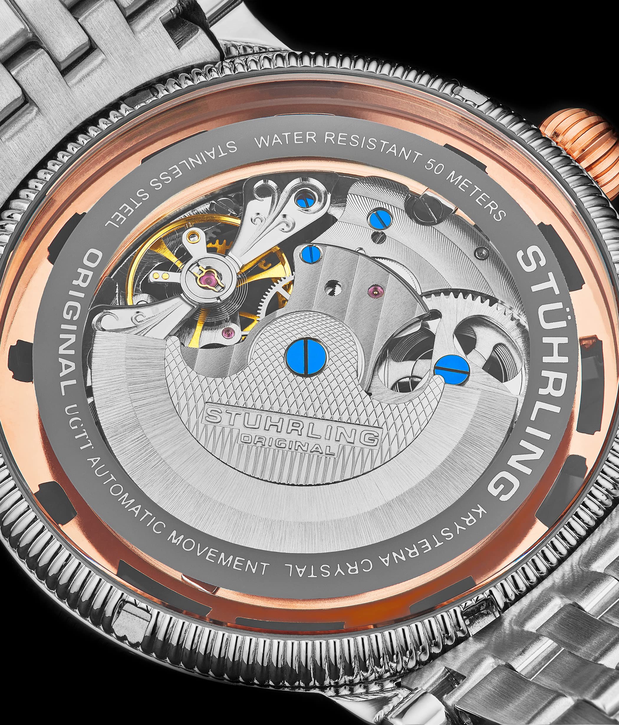 Stuhrling Original Men's Automatic Skeleton Watch - Silver Stainless Steel Bracelet, Dual Time, AM/PM Sun Moon Display - 3922 Collection | Perfect for Business, Formal Events & Luxury Gifts