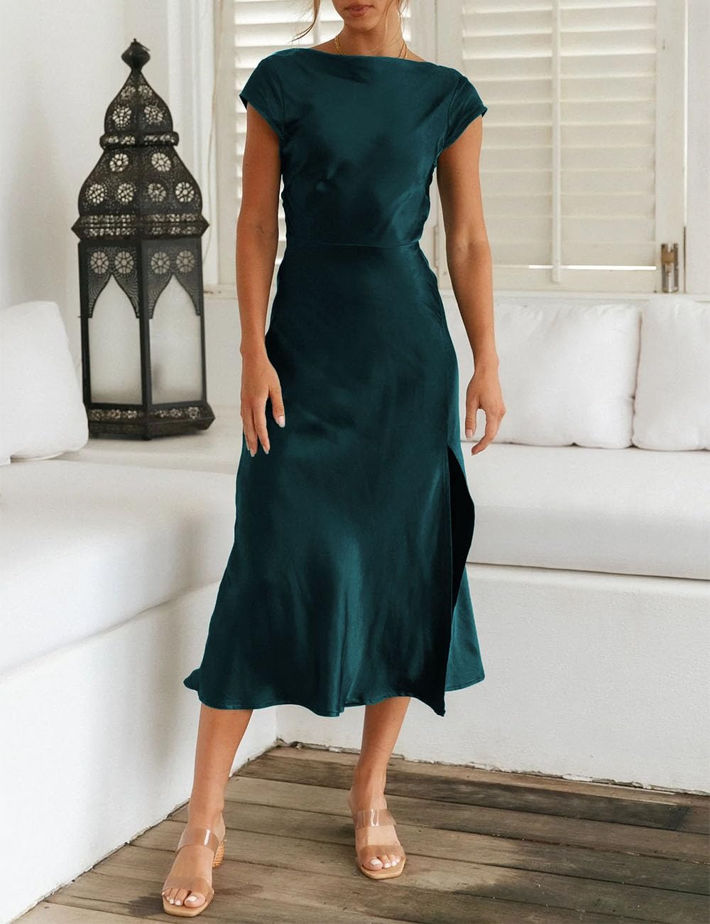 Elegant Backless Satin Midi Dress for Women - Summer 2025 Cowl Neck Twist Cap Sleeves Cocktail Dress with Slit | Perfect for Wedding Guest, Party & Special Occasions