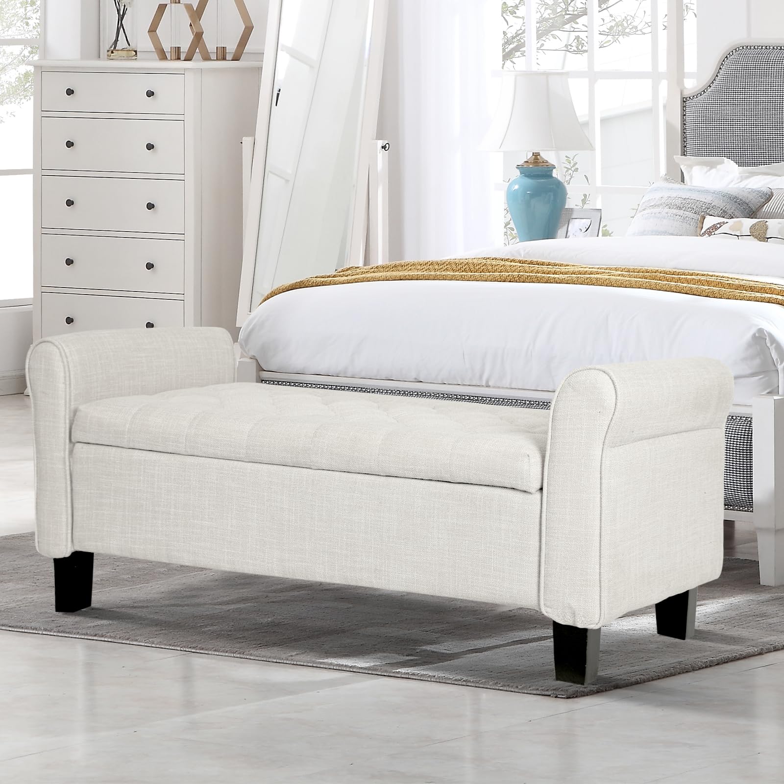 Tufted Storage Ottoman Bench with Arms - Large Upholstered Footrest Seat for Bedroom, Living Room, Entryway & Hallway - Multi-Functional End of Bed Bench with Hidden Storage (Beige) | Perfect for Small Space Organization & Extra Seating