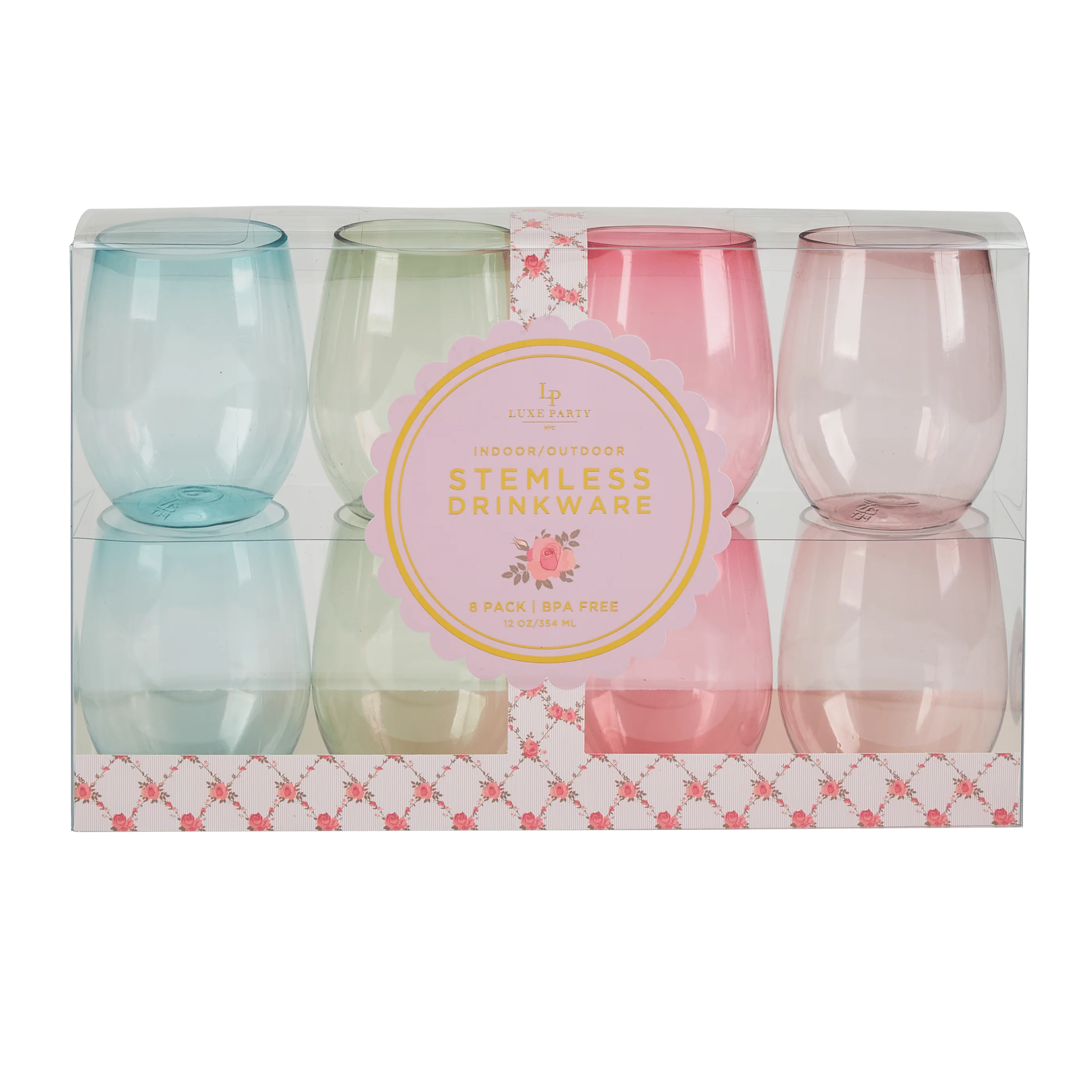 12 oz. Plastic Stemless Wine Glasses - 8 Pack, Assorted Colors - Perfect for Parties, Weddings, and Outdoor Events