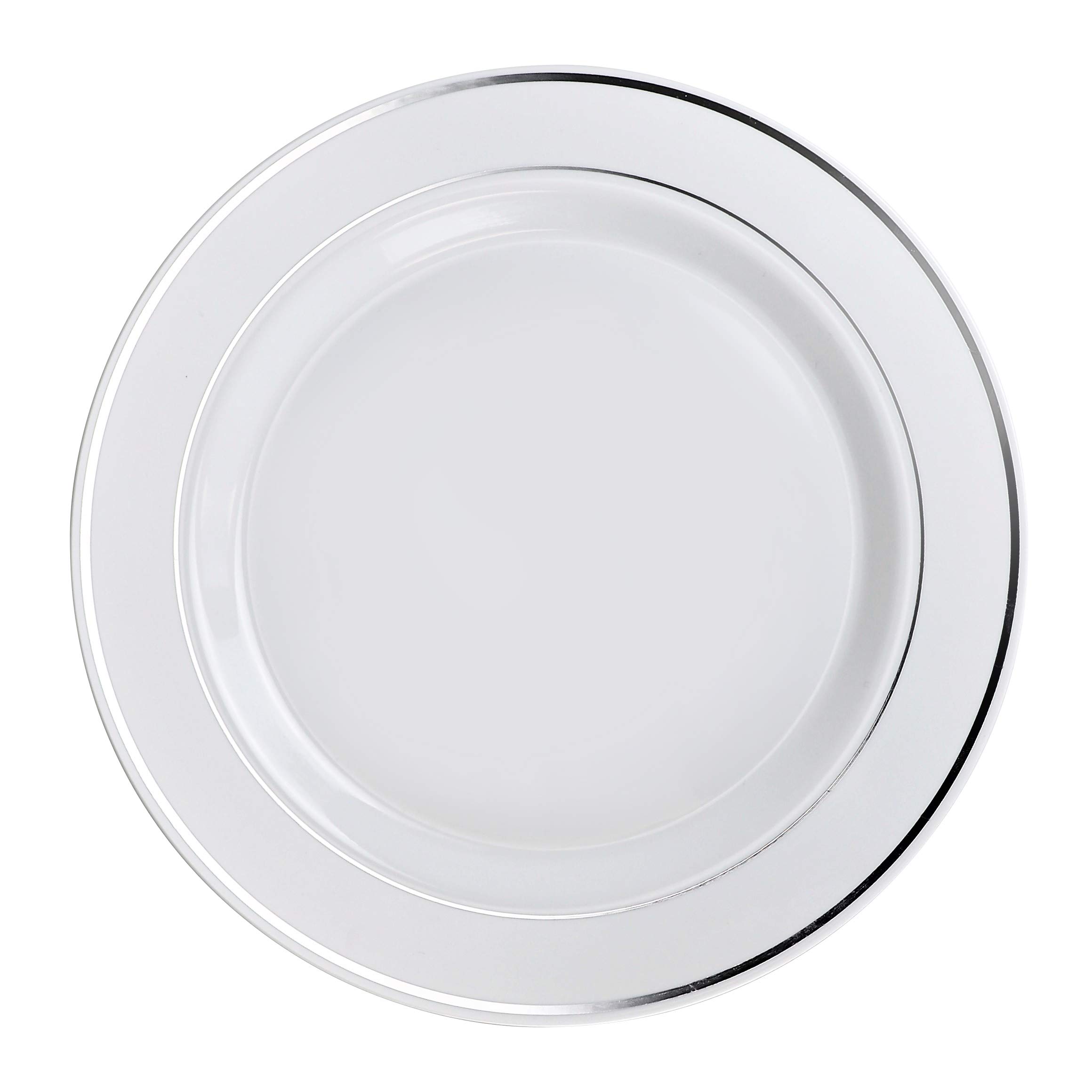 600 Pcs Wedding Disposable Plastic Plate & Silverware Set - White & Silver Rim Plates with Silver Cutlery - Perfect for Weddings, Parties, and Special Events