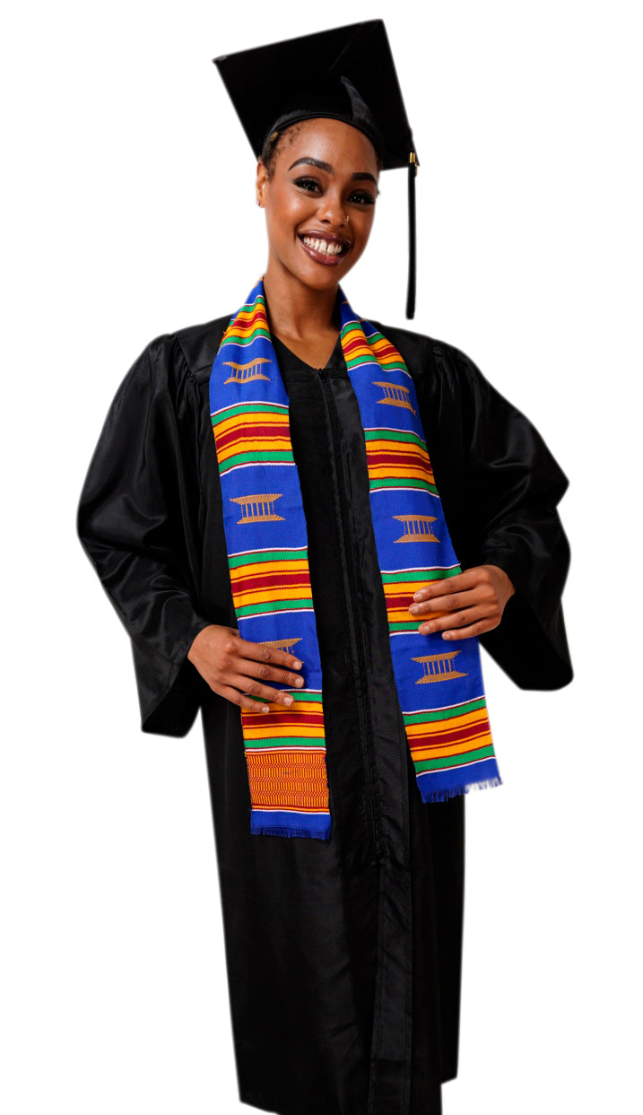 Hand Woven Blue and Gold Kente Cloth Graduation Stole - Authentic African Heritage Sash DP2169BLU for Graduation Ceremonies, Cultural Events & African Pride Celebrations