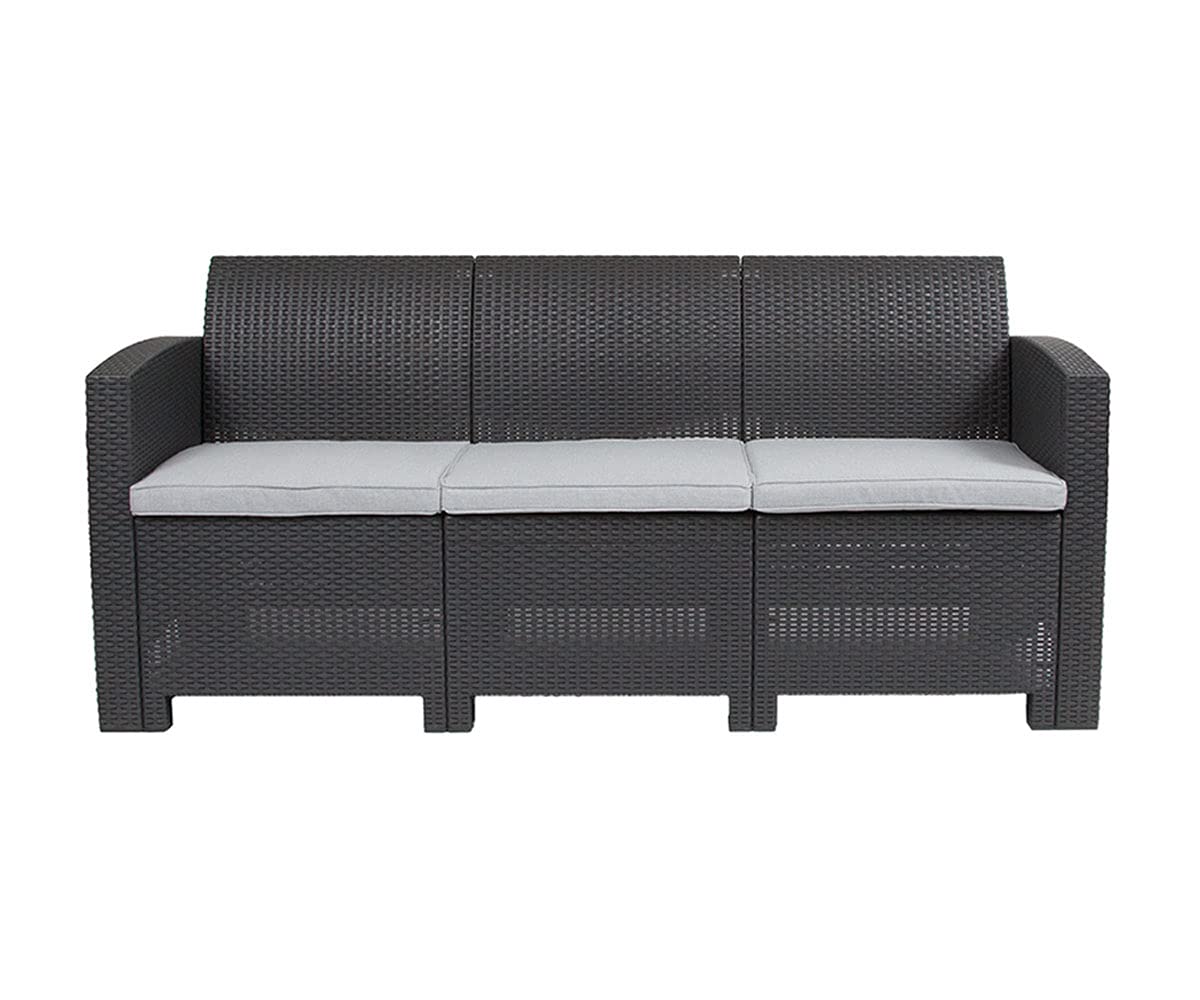 Flash Furniture Seneca Dark Gray Faux Rattan Outdoor Sofa with All-Weather Light Gray Cushions - Patio, Garden, Poolside & Deck Lounge Seating