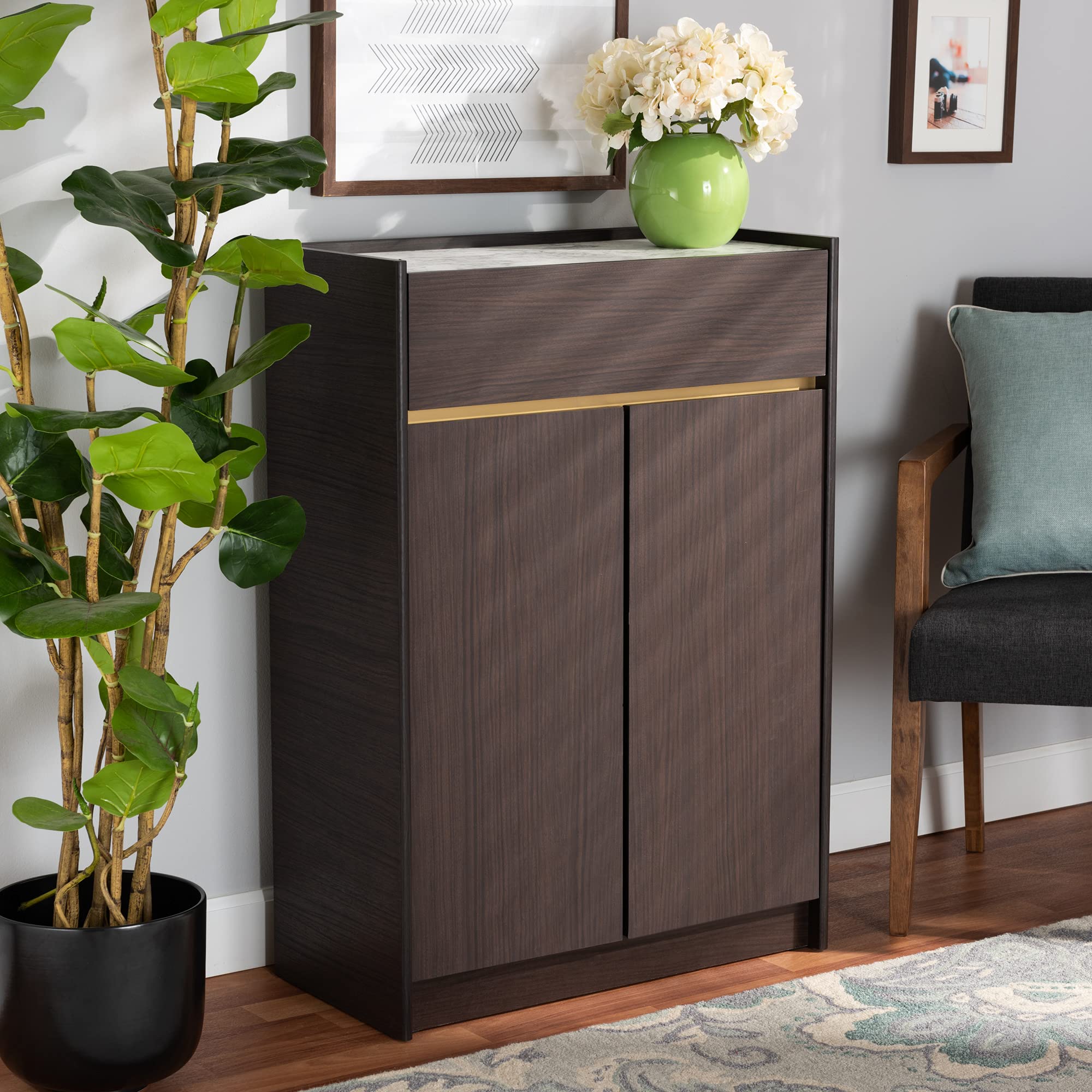Baxton Studio Walker Modern Shoe Cabinet - Dark Brown & Gold Wood with Faux Marble Top | Entryway Storage Organizer for Hallway, Bedroom & Closet
