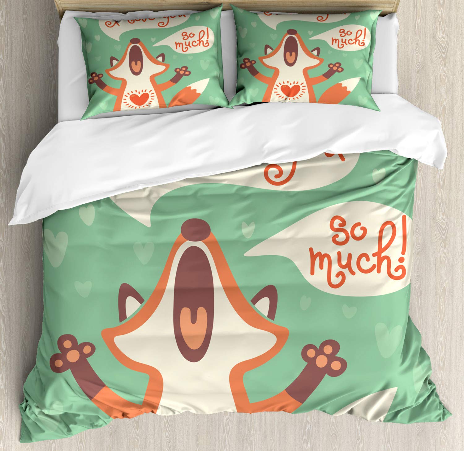 Ambesonne Fox Print Duvet Cover Set - 'I Love You So Much' Romantic Humor Design, 3-Piece California King Bedding with 2 Pillow Shams in Mint Green & Ginger | Perfect for Couples' Bedrooms, Anniversary Gifts & Birthday Celebrations