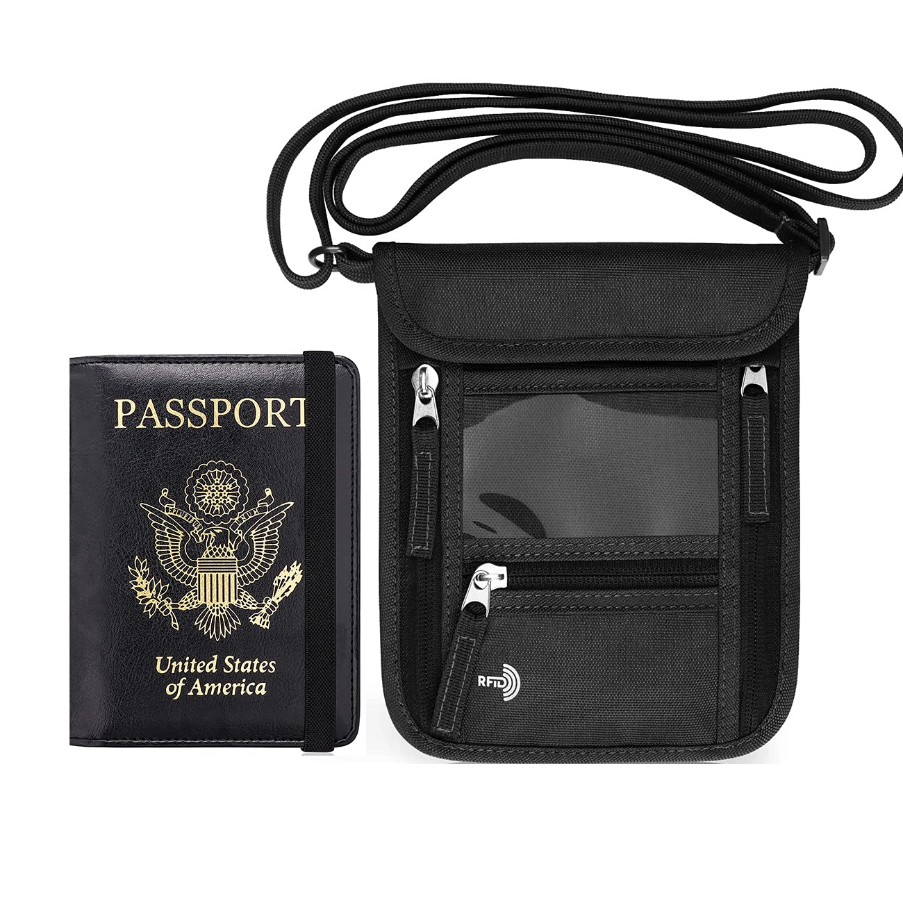 Premium PU Leather Passport Holder & Neck Wallet Travel Set - RFID Blocking Security for International Trips, Vacations & Airports