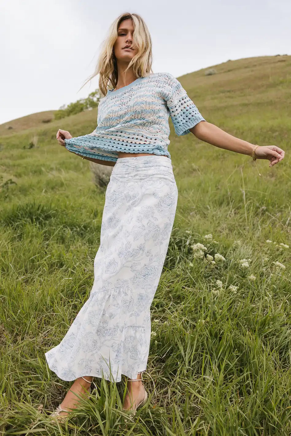 Bastien Blue Floral Skirt for Women - Elegant A-Line Midi Skirt with Pockets | Perfect for Spring, Summer, Office Wear & Casual Outings