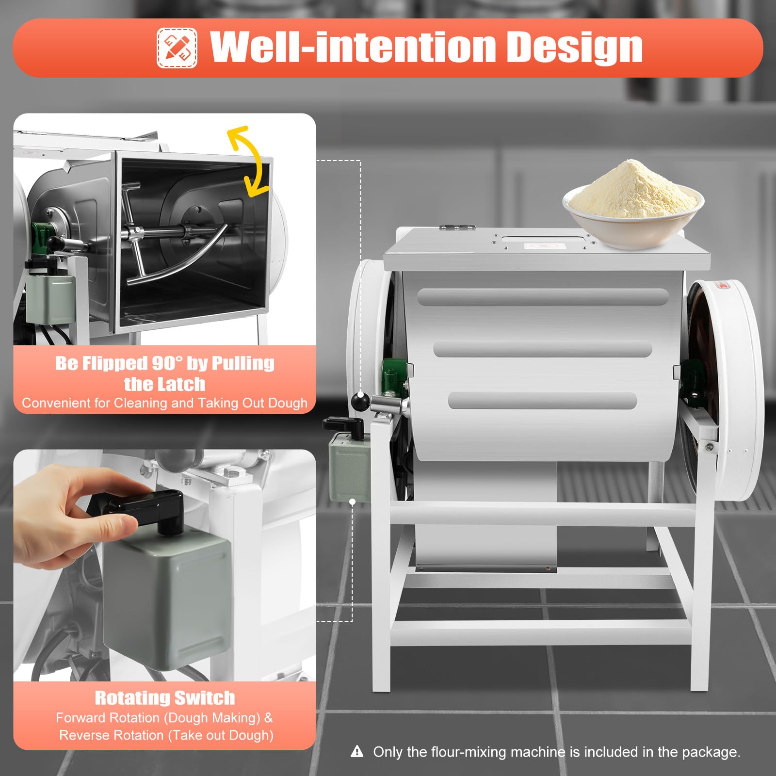 30QT Commercial Electric Dough Mixer - 1.5KW 110V Heavy Duty Kneading Machine with 90° Tilt & 2-Speed (1400 RPM) - Perfect for Bakeries, Pizza Shops, and Commercial Kitchens