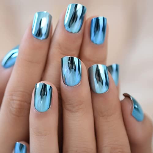 Blue Metallic Mirror Press On Nails - Medium Length Squoval False Nails with Glue | Reusable Acrylic Fake Fingernails for Women & Girls | Perfect for Office, Home, Party & Salon Manicure | Nail Art Tips for Everyday Wear & Special Occasions