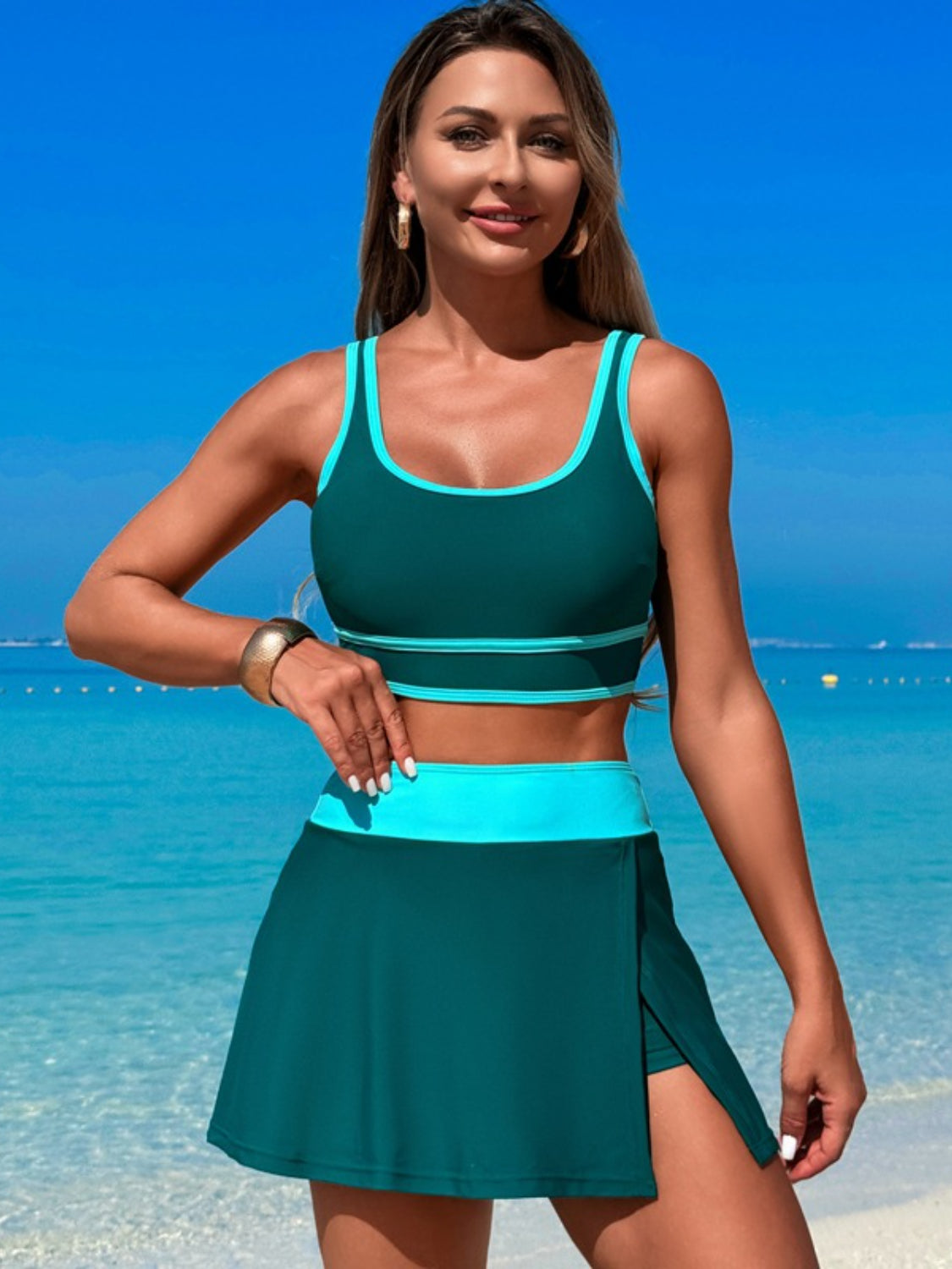Women's Scoop Neck Swim Top & Skort Set - Flattering Two Piece Swimwear for Beach, Pool & Vacation | UPF 50+ Sun Protection