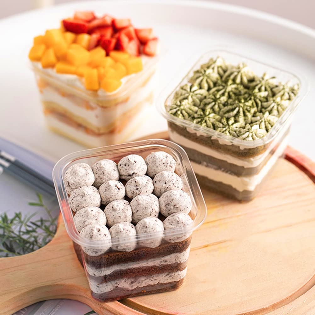 TOFLEN 50-Pack 12 oz Clear Square Plastic Dessert Cups with Lids & Sporks - Reusable Parfait, Yogurt, Pudding, Mousse, Fruit & Cake Containers for Parties, Catering & Home Baking
