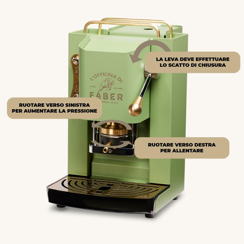Faber Pro Deluxe Coffee Machine - ESE 44mm Single Serve Espresso Maker with Brass Coating, Adjustable Brass Capsule Press & Standard Solenoid Valve (Neon Green) - Perfect for Home & Office Use