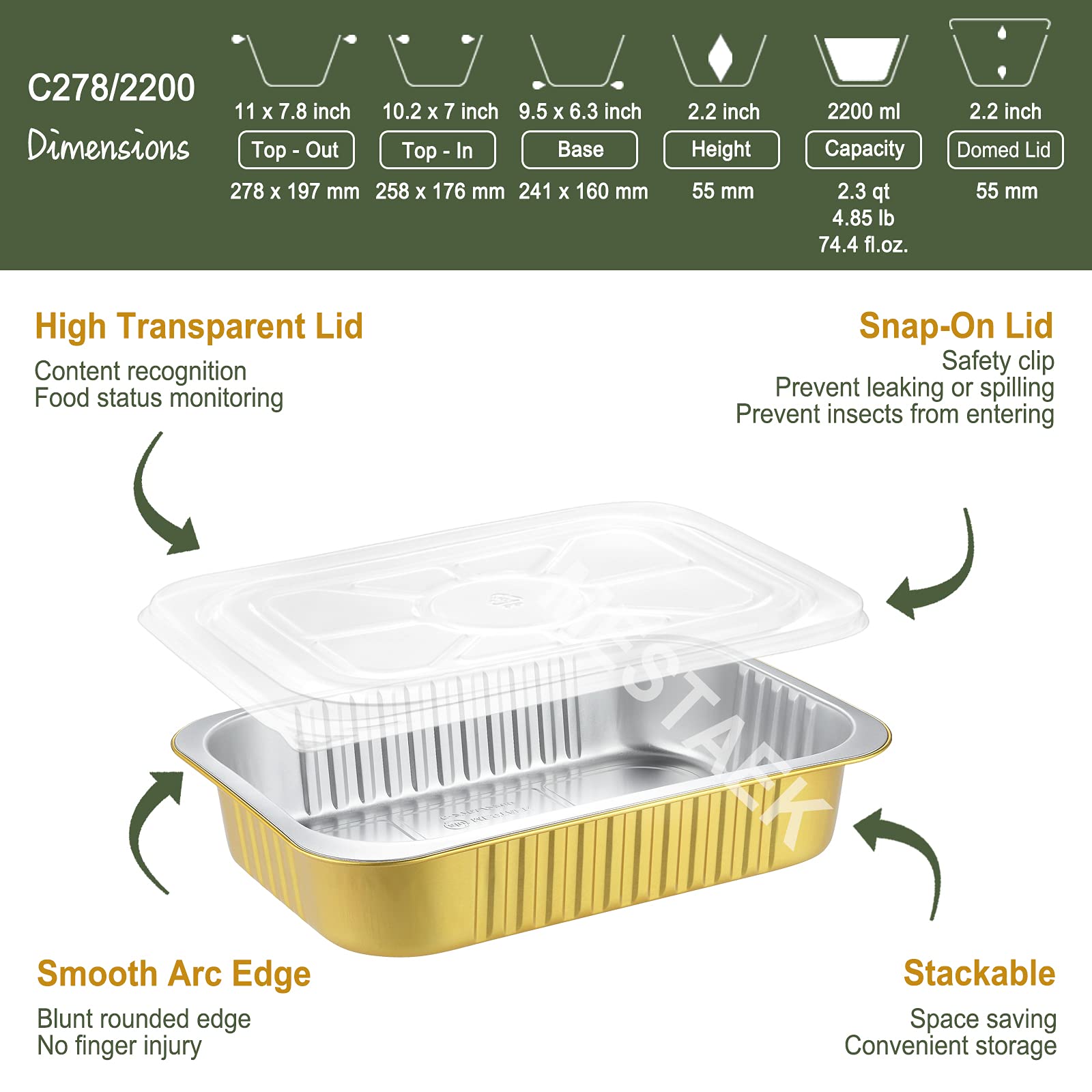 11x8 Inch Heavy Duty Aluminum Foil Pans with Lids - 5 Pack of 2X Thicker Reusable Baking Pans for Oven, Grill & Microwave - Freezer & Dishwasher Safe 74oz Tin Containers - Perfect for Meal Prep, BBQ Parties & Holiday Cooking
