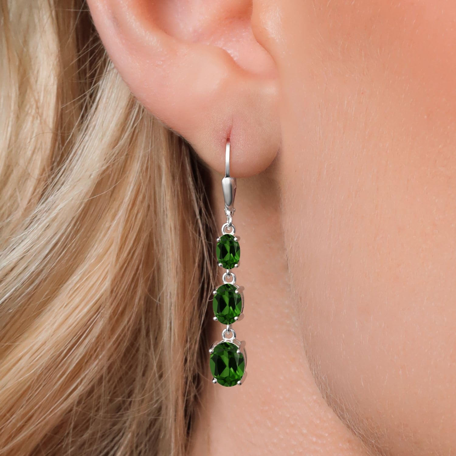 Gem Stone King 3-Stone Leverback Drop Dangle Earrings for Women - 925 Sterling Silver Birthstone Jewelry | Oval 8x6mm, 7x5mm & 6x4mm Gemstones | Elegant Gift for Mom, Wife, Her | Perfect for Weddings, Anniversaries & Special Occasions