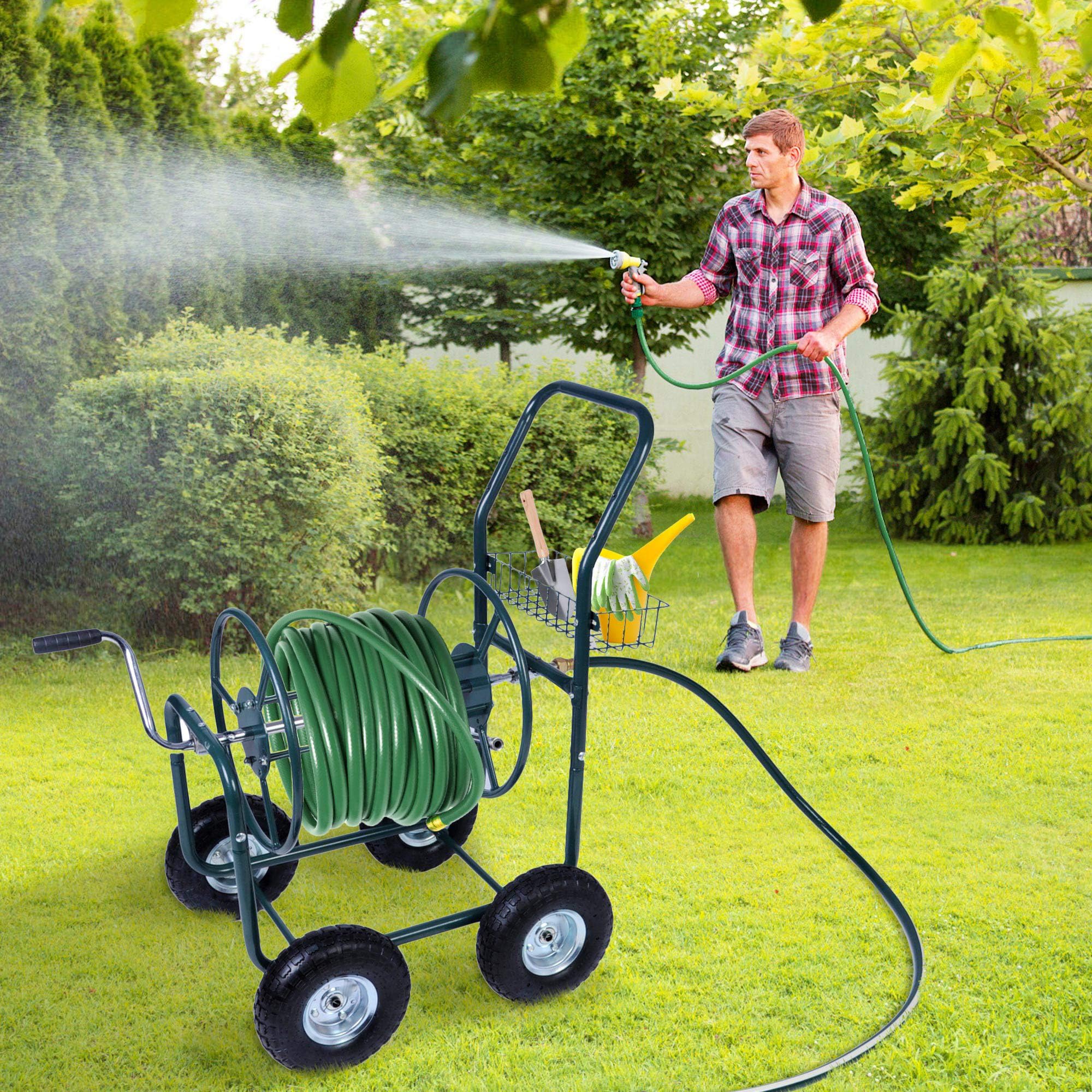 Heavy Duty 4-Wheel Garden Hose Reel Cart with Storage Basket - 390FT Hose Capacity | Outdoor Watering Solution for Lawns, Gardens & Car Washing