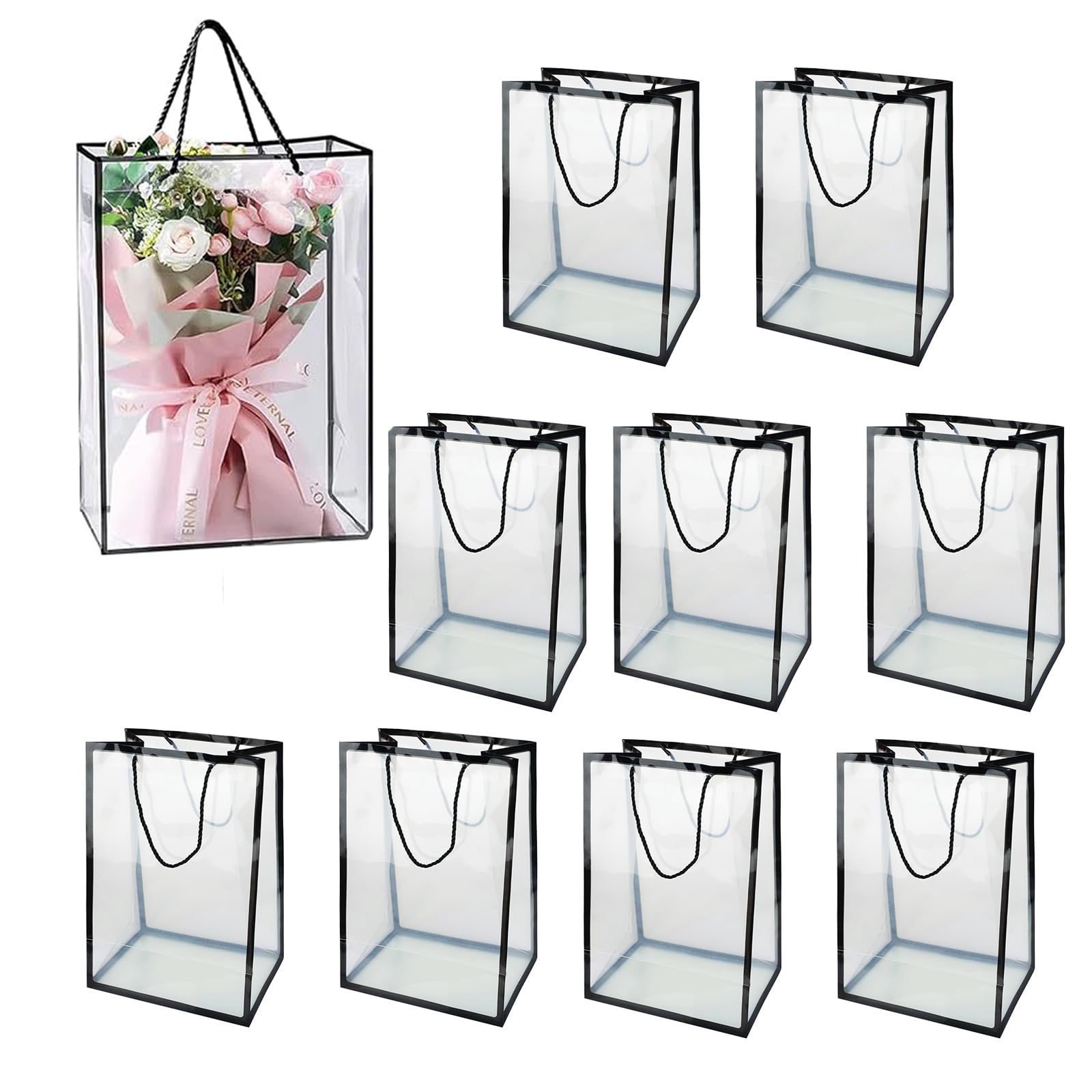 10 Pack Clear Bouquet Bags with Windows & Handles - Frosted Plastic Gift Bags for Flowers, Wedding Party, Mother's Day & Valentine's Day - Bulk Florist Wrapping Bags for Bouquet Presentation & Gift Giving