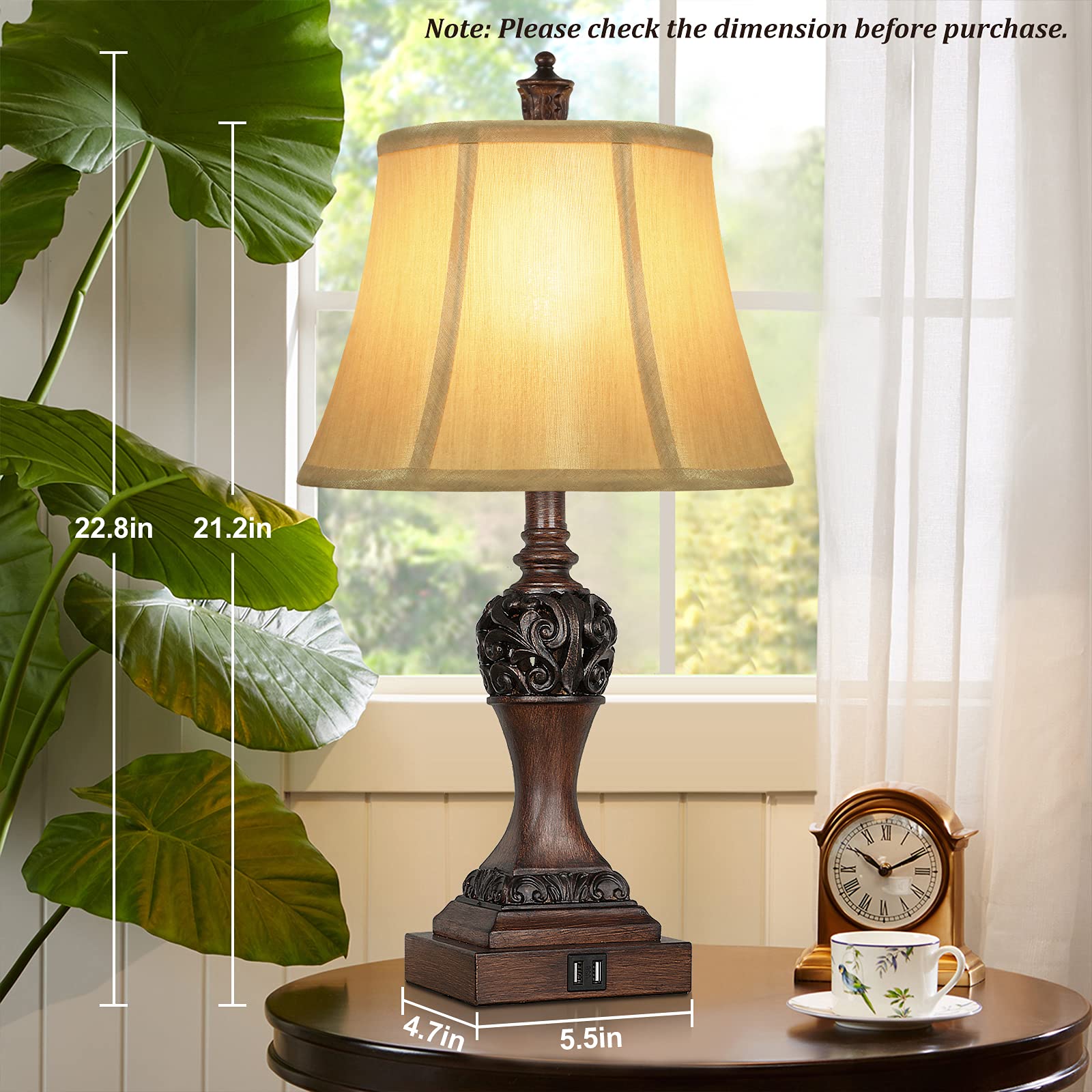 2-Pack Touch Control 3-Way Dimmable Table Lamps with USB Charging Ports - Traditional Bedside Lamps with Bell-Shaped Faux Silk Shade & Brown Base for Bedroom, Nightstand, Living Room (LED Bulbs Included) - Perfect for Reading, Relaxing & Charging Devices