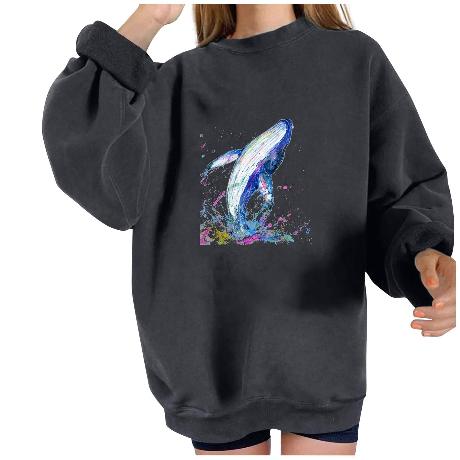 Vintage Whale Graphic Long Sleeve Pullover Sweatshirt for Women - Loose Fit Oversized Crewneck Sweater | Fall Fashion Casual Wear, Cozy Lounge Outfit, Street Style Essential