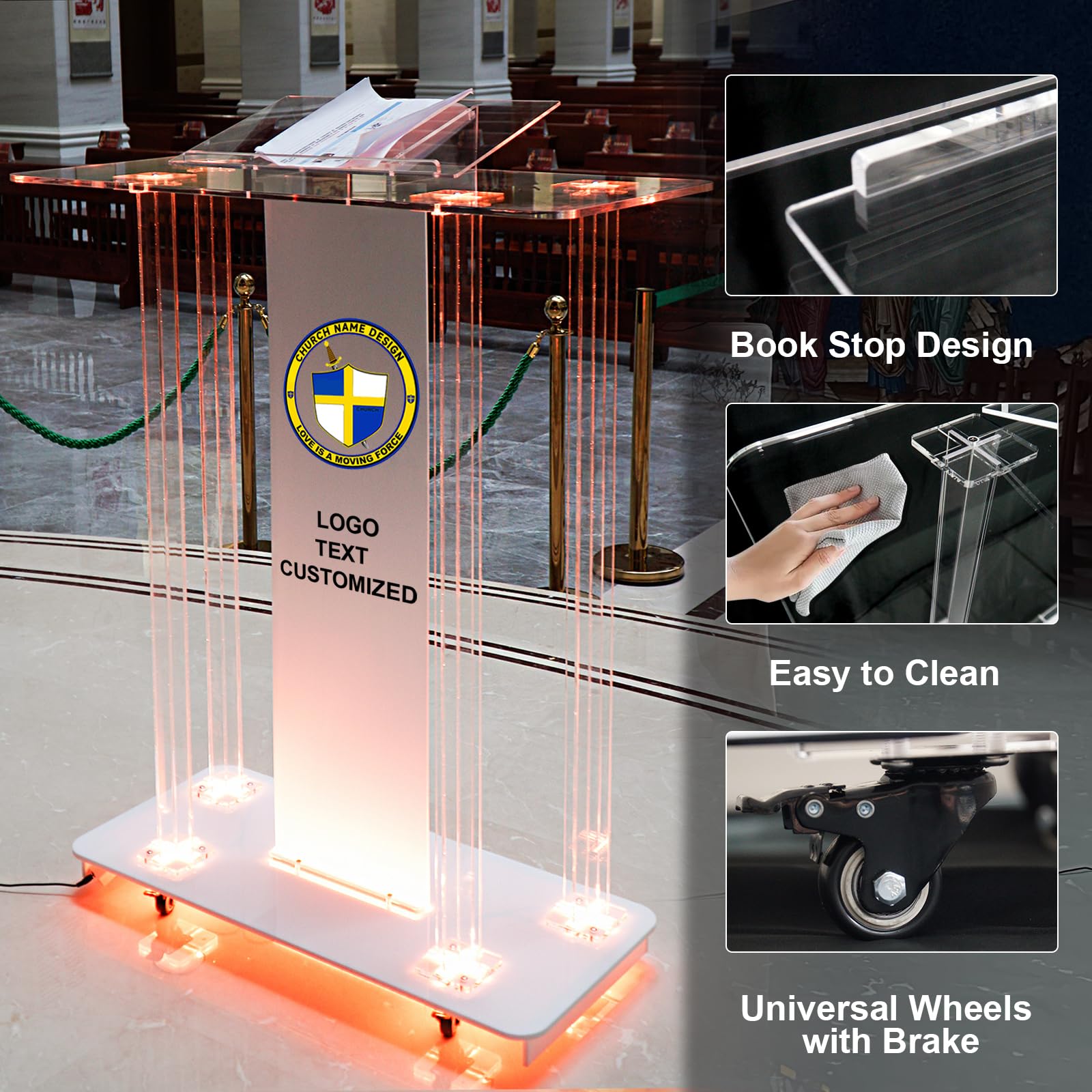 Custom Acrylic Church Pulpit with LED Lights - Transparent Podium with Wheels & Spacious Reading Platform - Clear Lectern for Sermons & Speeches (39.4