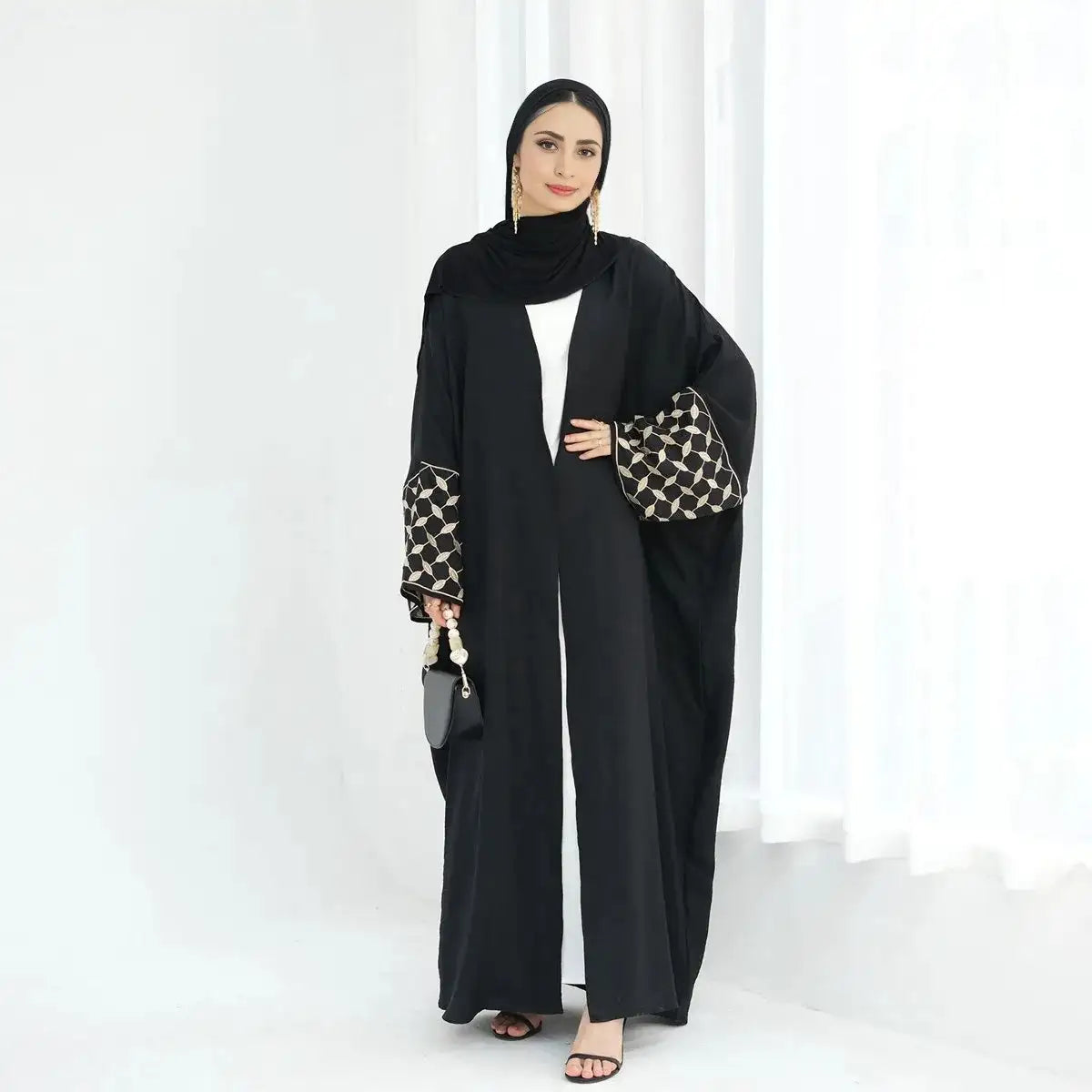 Elegant Embroidered Keffiyeh Sleeve Wrinkle Cardigan Open Abaya Dress for Women - Boho Chic Loungewear & Modest Fashion Outfit
