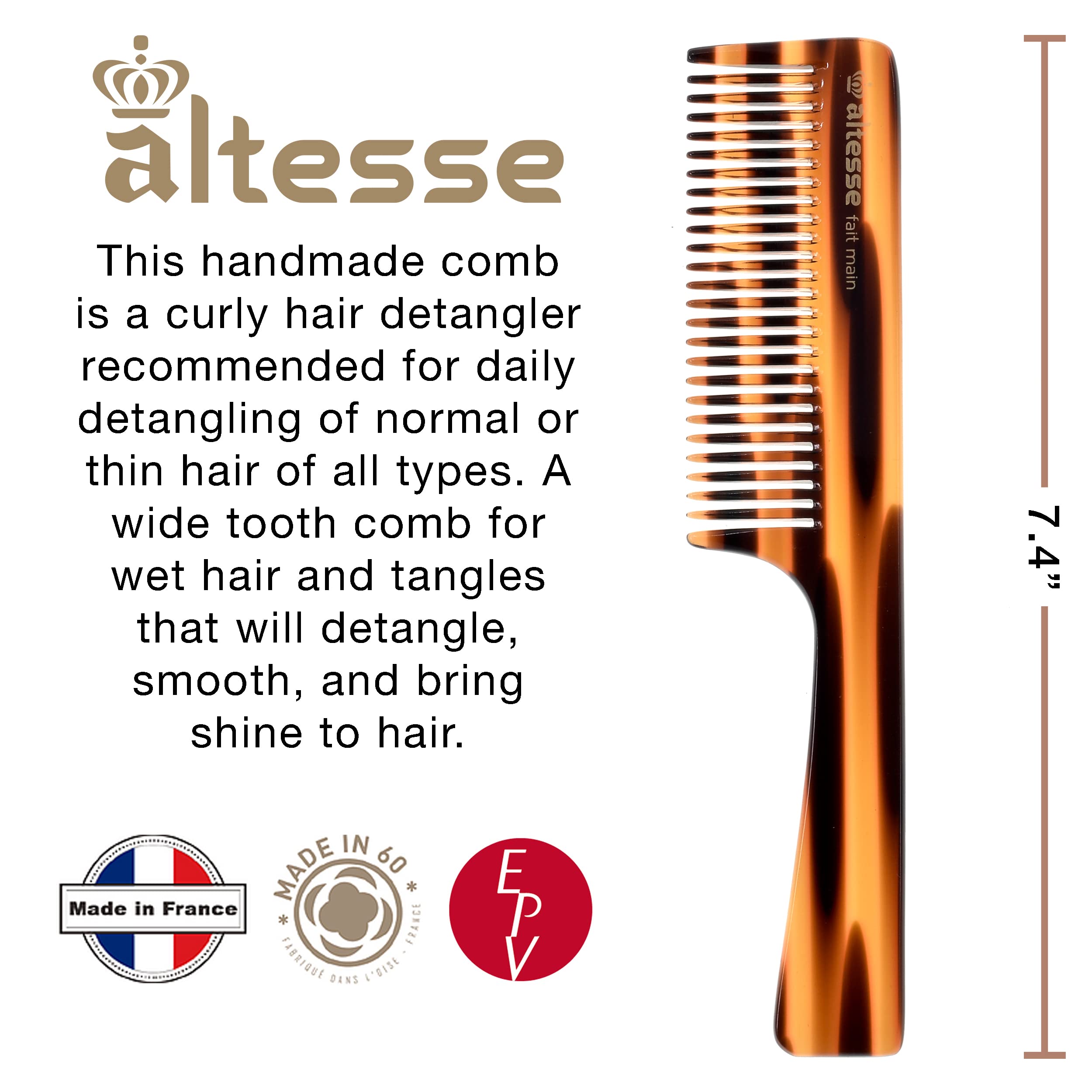 Altesse 11061 Wide Tooth Comb for Women - Detangler & Curl Defining Hair Comb with Comfortable Handle, All Acetate Teeth, Handmade in France - Perfect for Wet Hair, Thick Curly Hair & Gentle Detangling