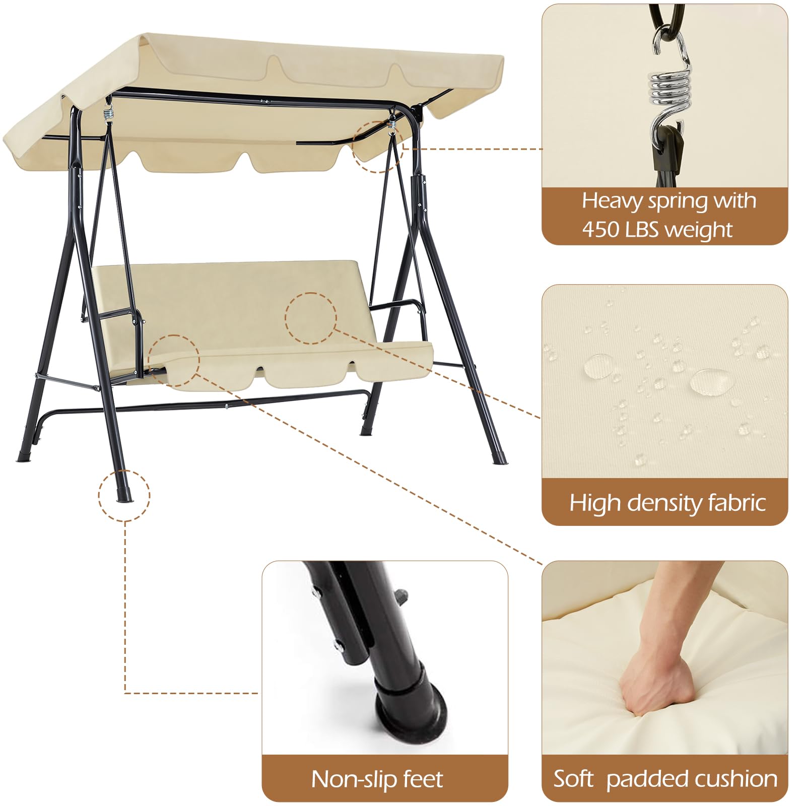 AECOJOY 3-Seat Outdoor Patio Swing Chair with Adjustable Canopy & Removable Cushion - Heavy Duty Porch Swing Bench for Adults - Perfect for Backyard, Garden, Poolside, Balcony or Deck Relaxation (Beige) | Ideal for Lounging, Reading & Enjoying Outdoor Breezes