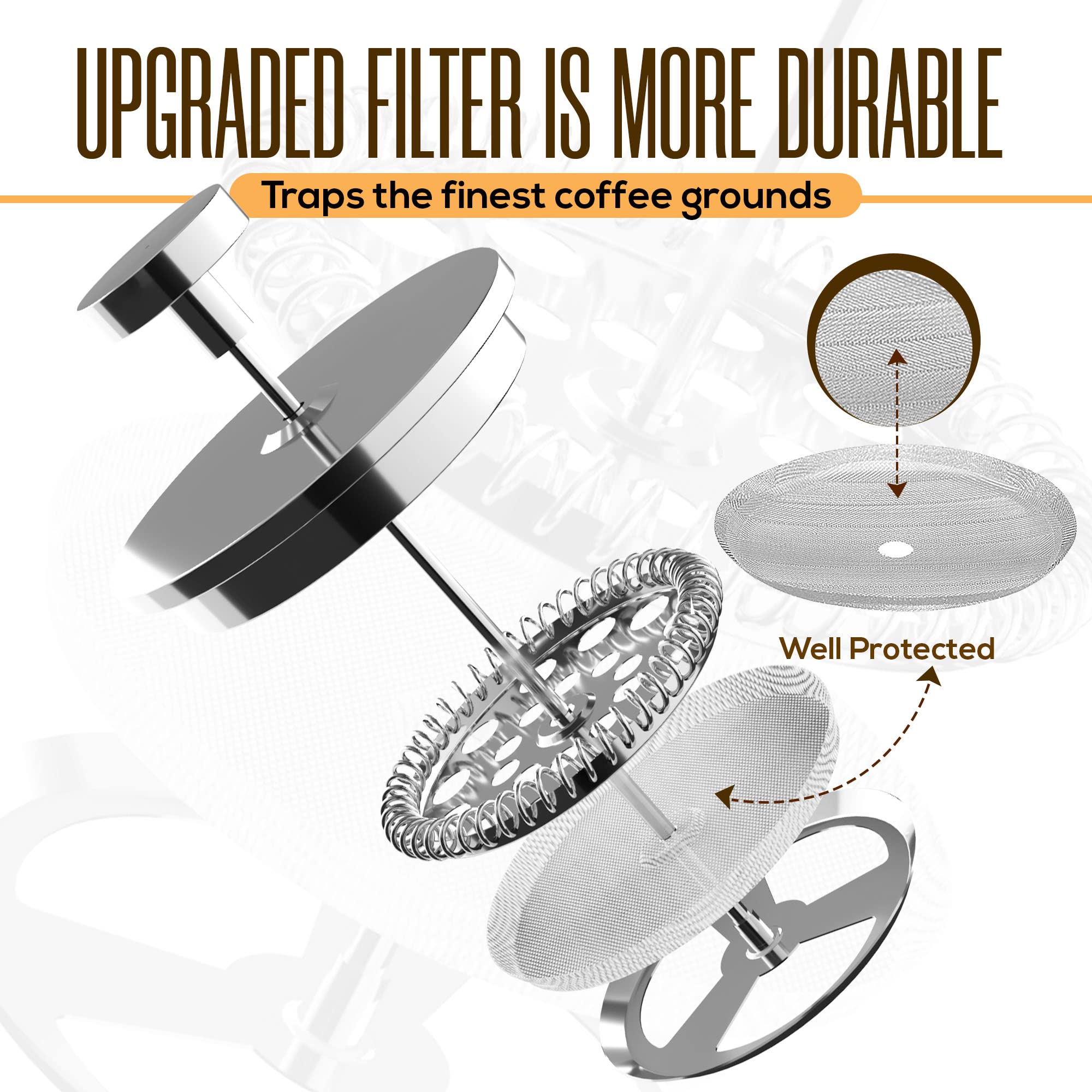 KICHLY 34oz Stainless Steel French Press Coffee Maker - Double Wall Insulated Coffee & Tea Maker with Stainless Steel Plunger - Keeps Hot for Hours - Perfect for Home, Office & Camping (Silver)
