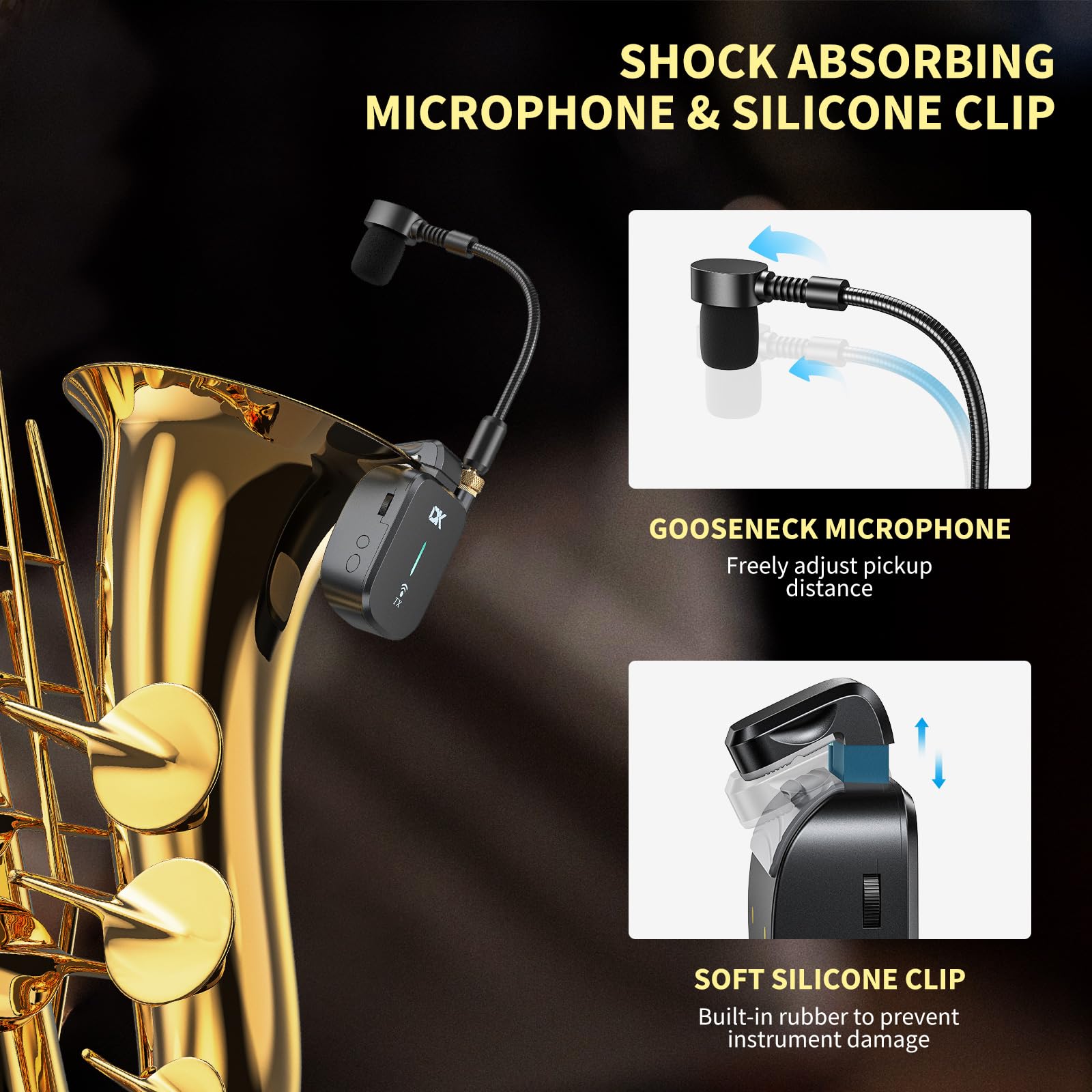 Professional UHF Wireless Saxophone Microphone System - Clip-On Rechargeable Instrument Mic with Charging Case, 3 Dedicated Sax Modes, 131ft Range for Live Performances, Studio Recording & Monitor Headphones