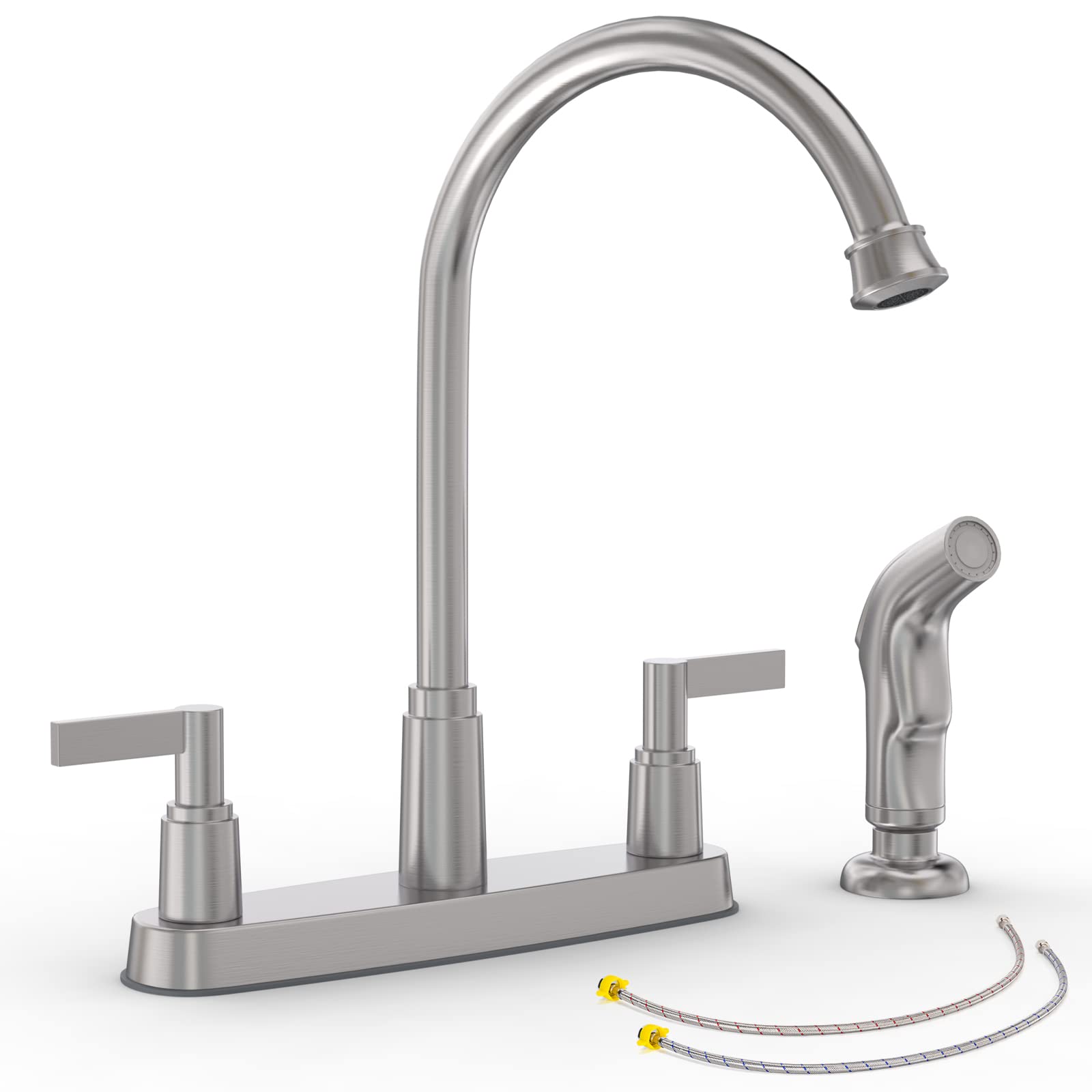 2-Handle High Arc Stainless Steel Kitchen Faucet with Pull-Out Side Sprayer - Brushed Nickel Finish - 8 Inch Centerset for 3 or 4 Hole Sink Installation - Perfect for Modern Kitchens and Heavy-Duty Cooking Tasks