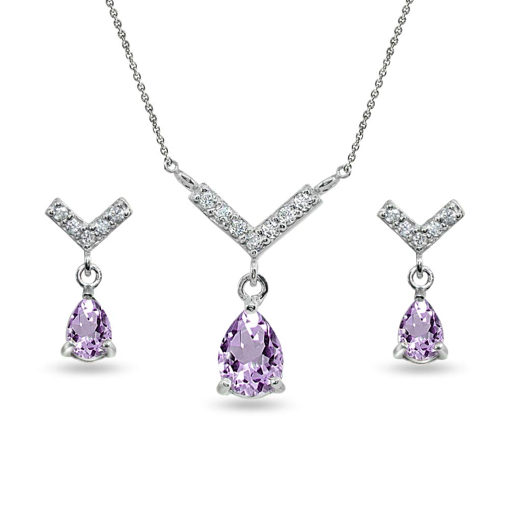 925 Sterling Silver Teardrop Arrow Necklace & Dangle Earrings Set with Genuine/Synthetic Gemstone - Perfect for Valentine's Gift, Anniversary & Date Night Jewelry