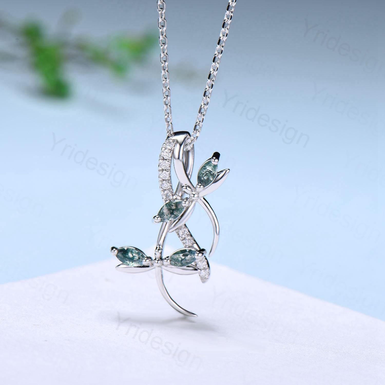 Nature Inspired Moss Agate Necklace - Unique Marquise Green Agate Pendant with Dragonfly Charm | Elegant Women's Jewelry for Anniversary Gifts, Birthday Presents & Special Occasions | Perfect for Weddings, Date Nights & Everyday Wear