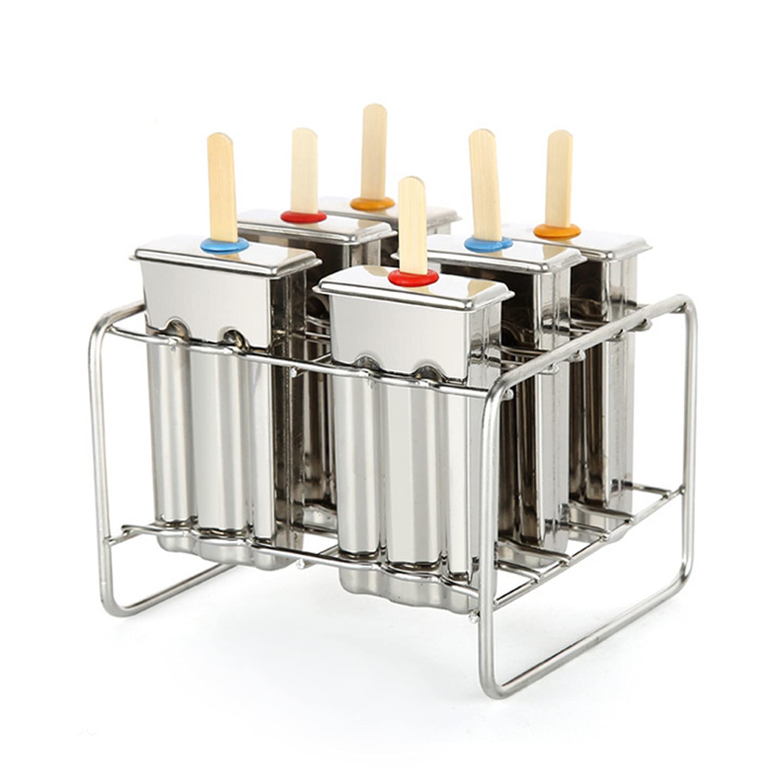 ZPYXBH 6-Piece Stainless Steel Popsicle Molds Set - Reusable Ice Cream & Frozen Treat Maker with Storage Rack, 50 Bamboo Sticks & Cleaning Brush - Perfect for Homemade Ice Pops, Summer Treats & Kids Snacks