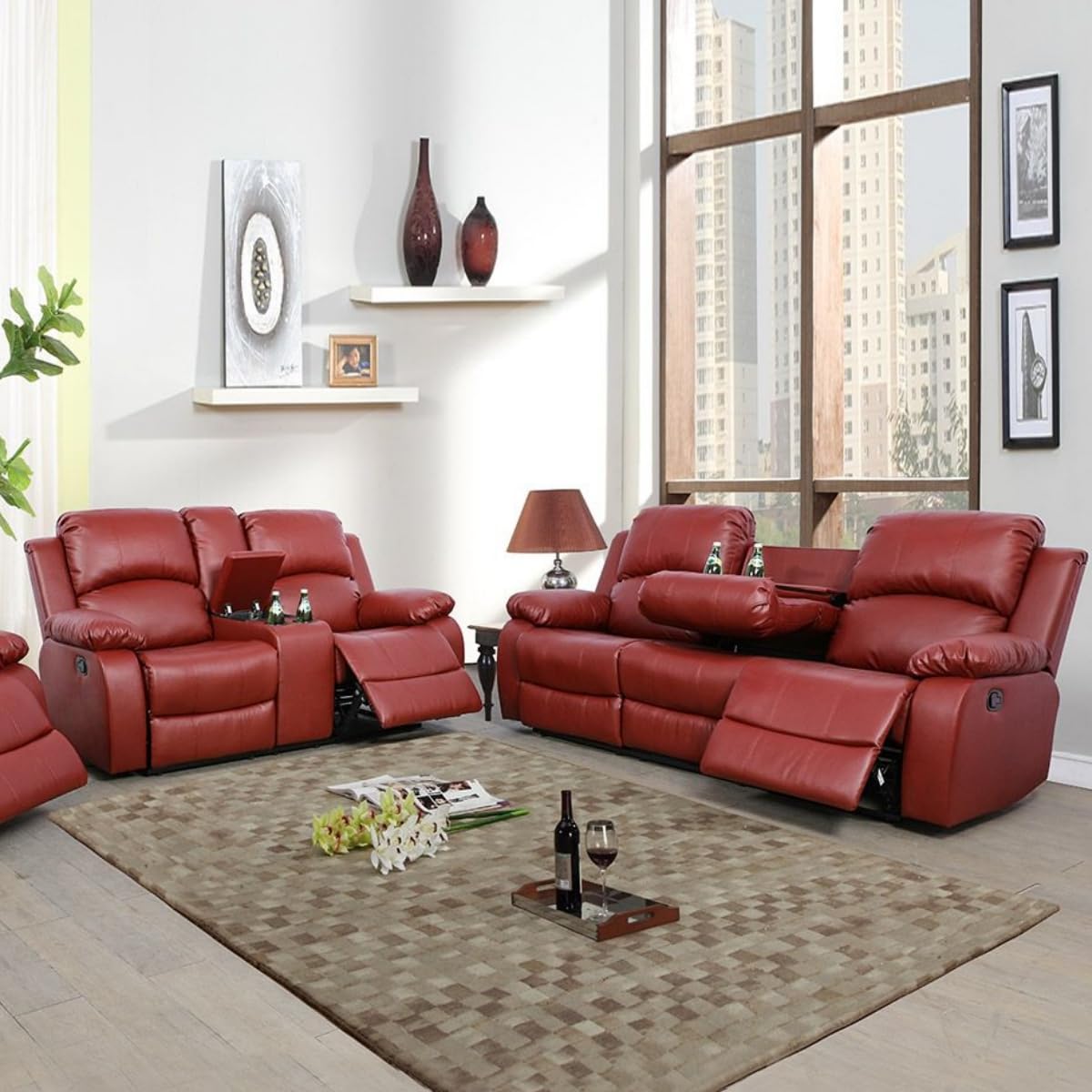 2-Piece Leather Recliner Sofa Set - Living Room Furniture with Power Reclining Loveseat - Red Bonded Leather Couch for Home Theater, Office & Family Room - Comfortable Modern Sectional Seating (Sofa + Loveseat)