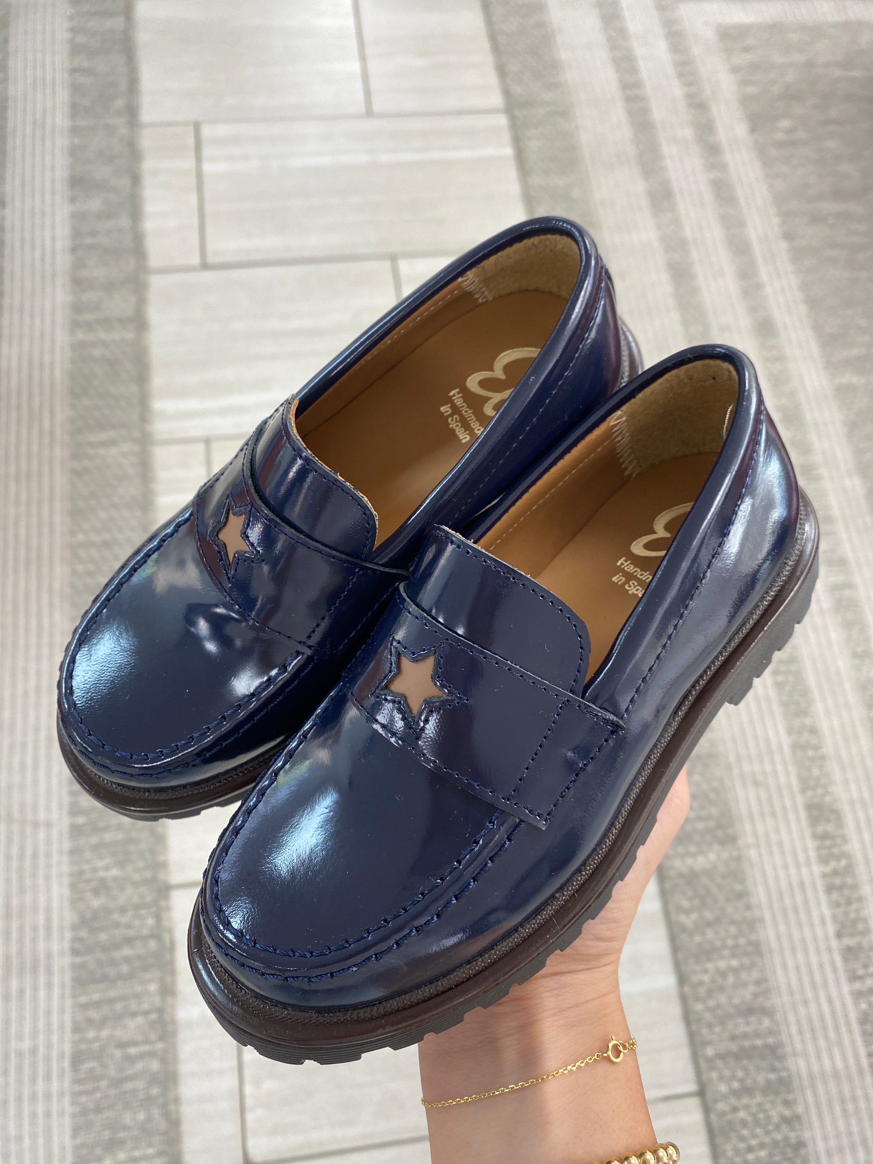 Luxury Navy Blue Star Chunky Loafers for Women - Comfortable Slip-On Shoes for Casual Outfits & Office Wear