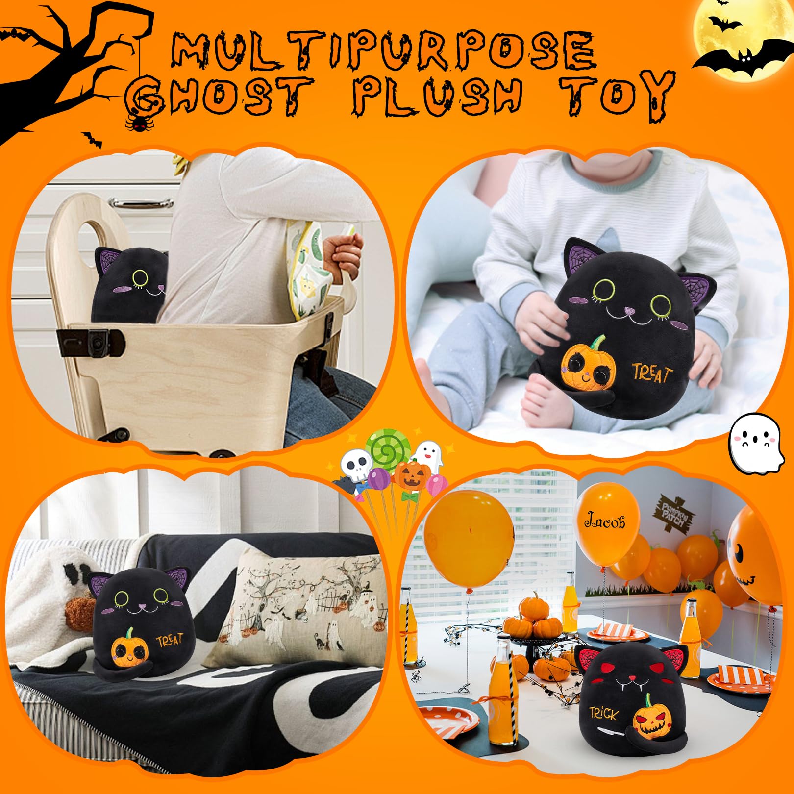 Black Cat Plush Stuffed Animal - 9.4 Inch Halloween Soft Toy with Pumpkin Design, Cute Trick or Treat Gift for Kids, Toddlers, Boys & Girls - Perfect for Birthday Parties, Home Decor, and Cozy Throw Pillow