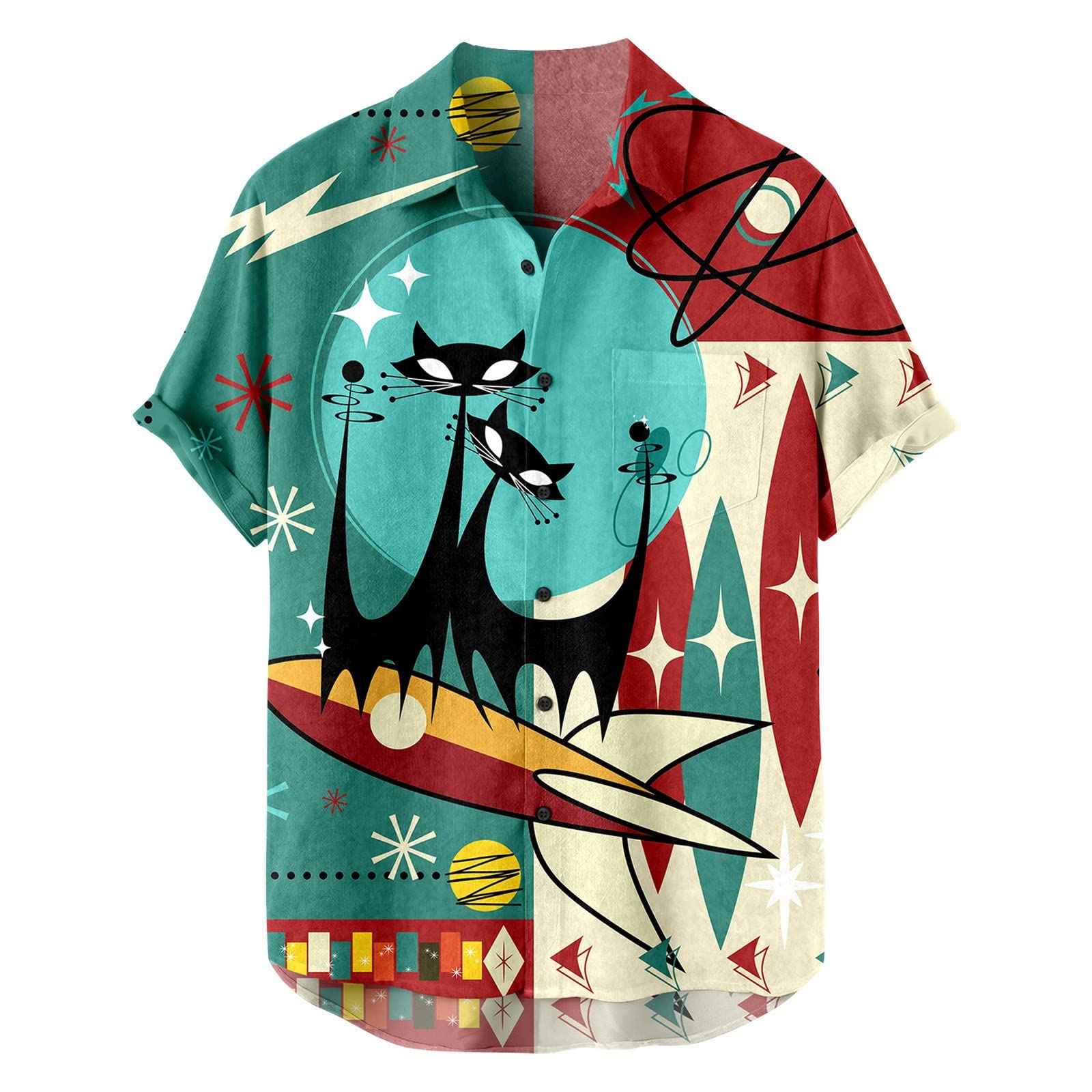 Vintage 50s Rockabilly Style Men's Hawaiian Shirts | Short Sleeve Retro Button Down Bowling Shirts with Pocket | Perfect for Beach Parties, Summer Vacations & Casual Outings