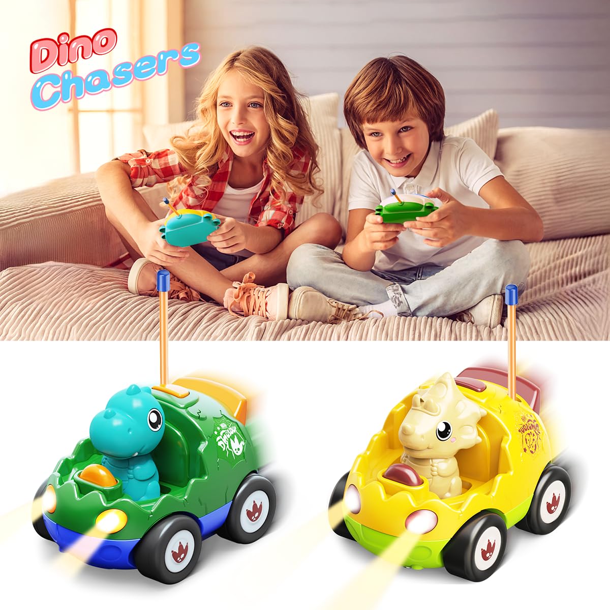 2 Pack Remote Control Dinosaur Toy Cars for Kids Ages 2-6 - RC Cars with Music, Lights & Sound Effects | Birthday Gift for Boys & Girls (Yellow & Green) | Indoor Play, Outdoor Adventure & STEM Learning Toys