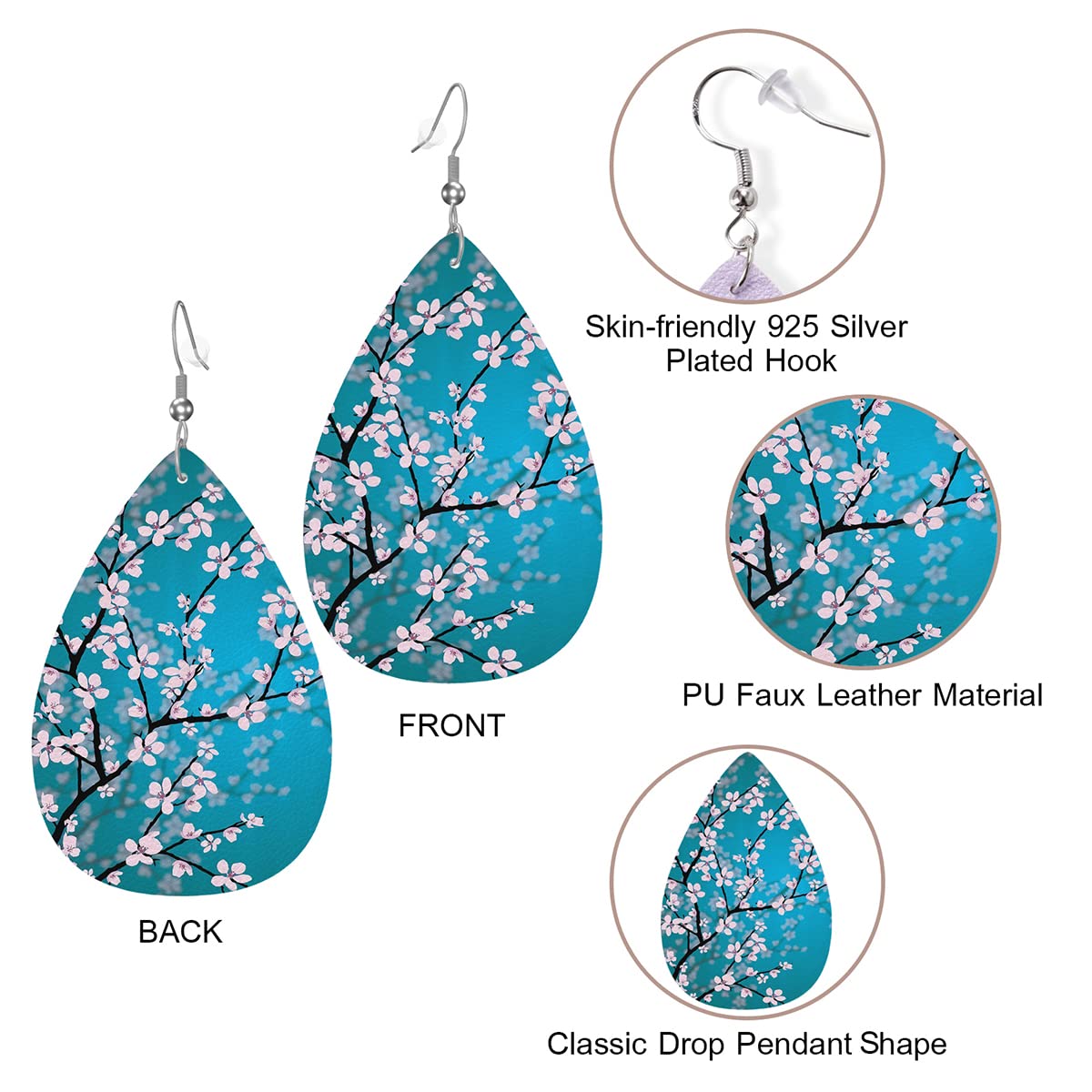 Zokola Cherry Blossom Teardrop Earrings for Women - Japanese Pink Sakura Flower Branch Double-Sided Dangle Earrings - Lightweight Faux Leather Jewelry - Perfect for Spring Fashion, Cherry Blossom Festival, and Everyday Wear