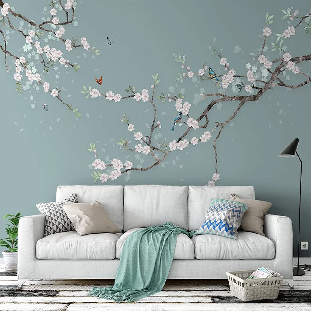 Retro Blue Plum Blossom Branch Bird Butterfly Chinese Style Self-Adhesive Wallpaper - Peel and Stick Contact Paper for Countertops, Walls, Furniture - Decorative Vinyl Mural for Bedroom, Kitchen, Bathroom, Office & Home Decor