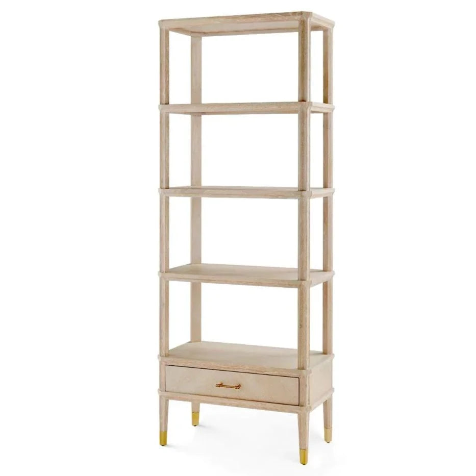 Bertram Etagere Shelf in Bleached Cerused Oak - Stylish Storage for Living Room, Bedroom, or Office Decor